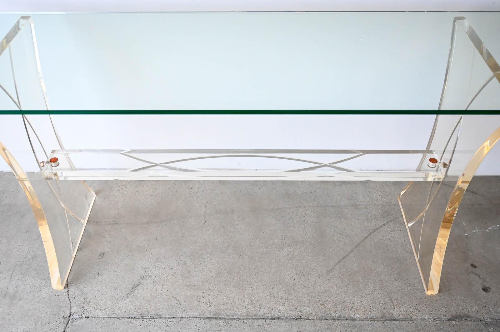 Cut Glass Lucite and Glass Console Table, ca. 1980 For Sale