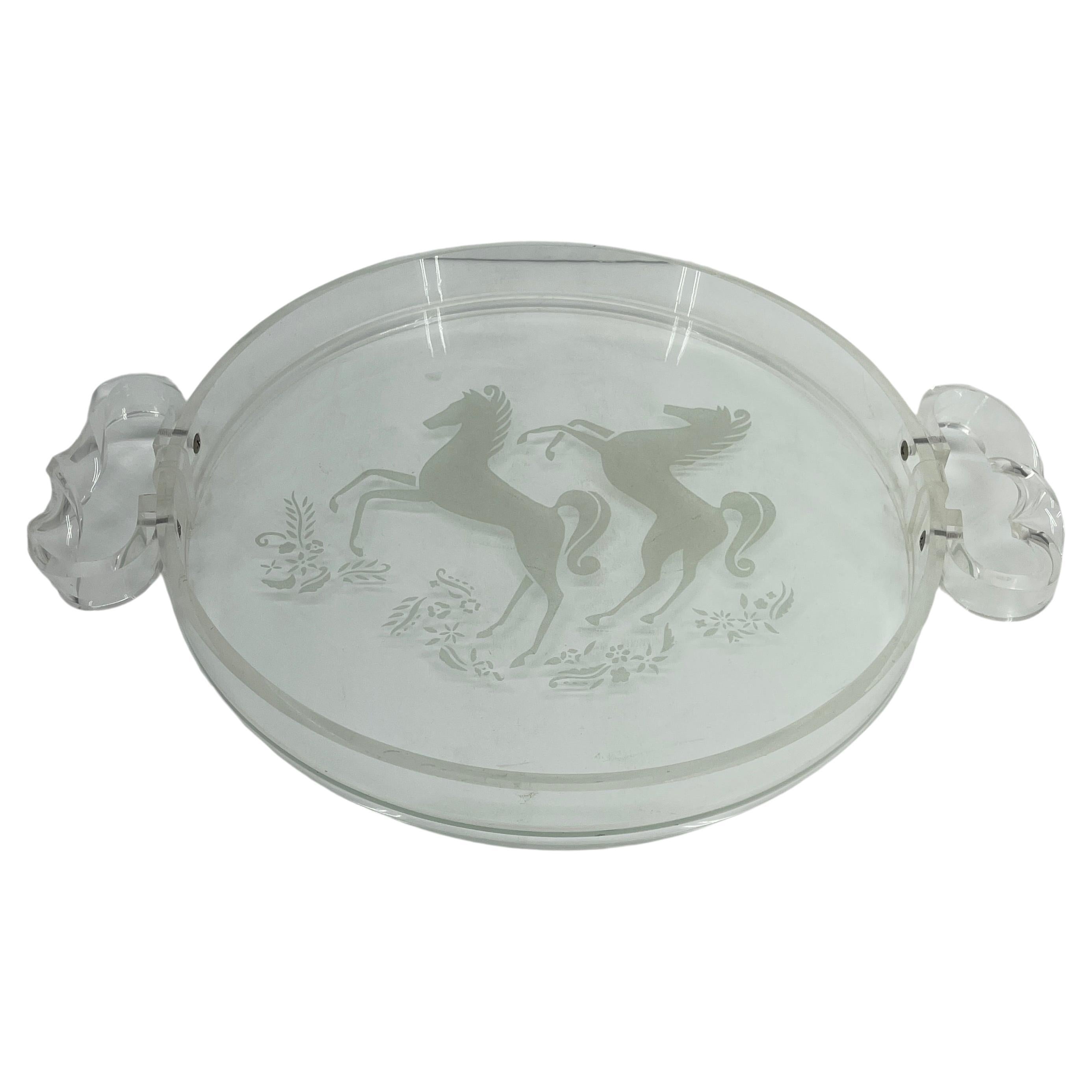 Lucite and Glass Equestrian Barware Tray