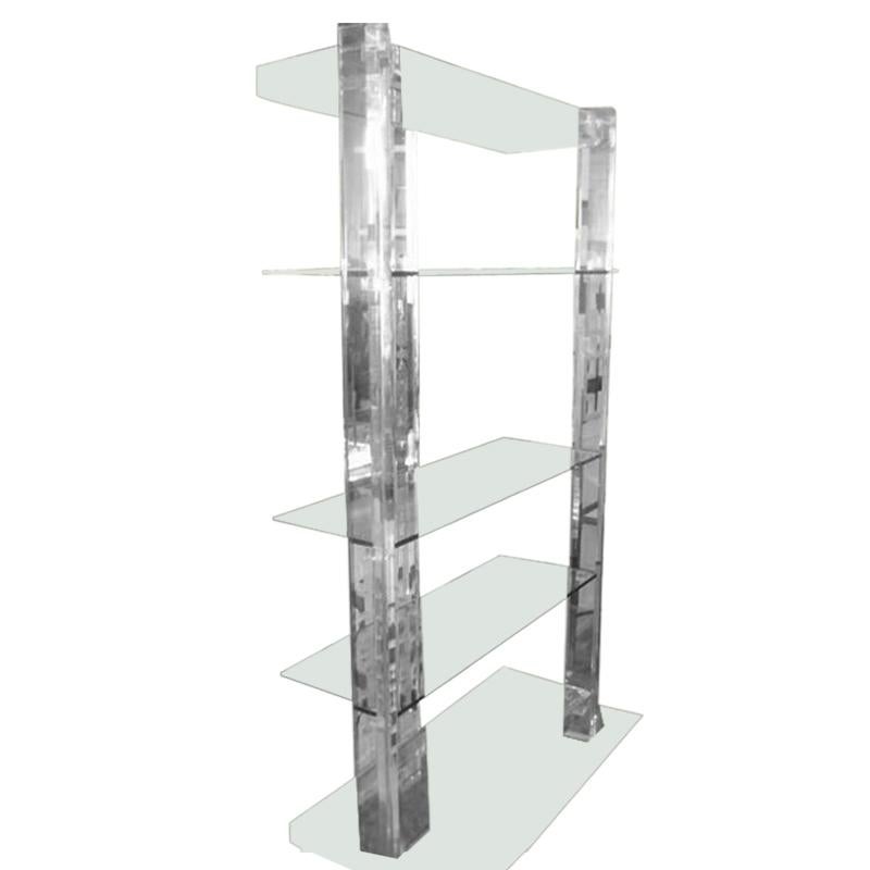 1970s tall standing shelves unit made of Lucite and glass. Bookcase. Solid, 2