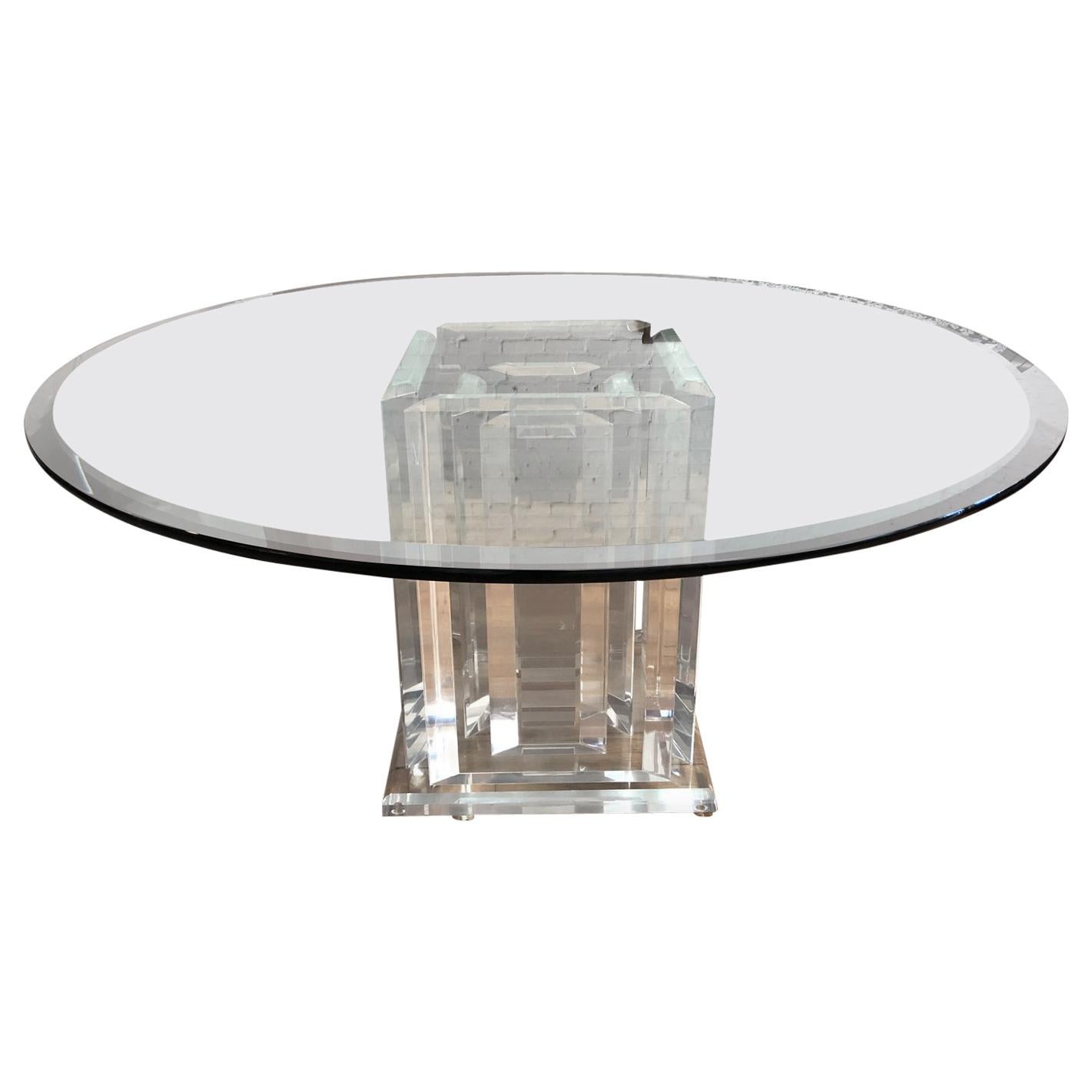 Lucite and Glass Nine-Pillar Glass Dining Room Table For Sale