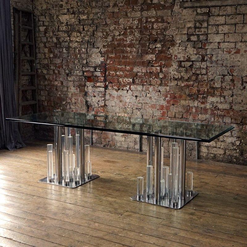 Metal Large Vintage Lucite and Glass 'Skyscraper' Dining Table by Charles Hollis Jones