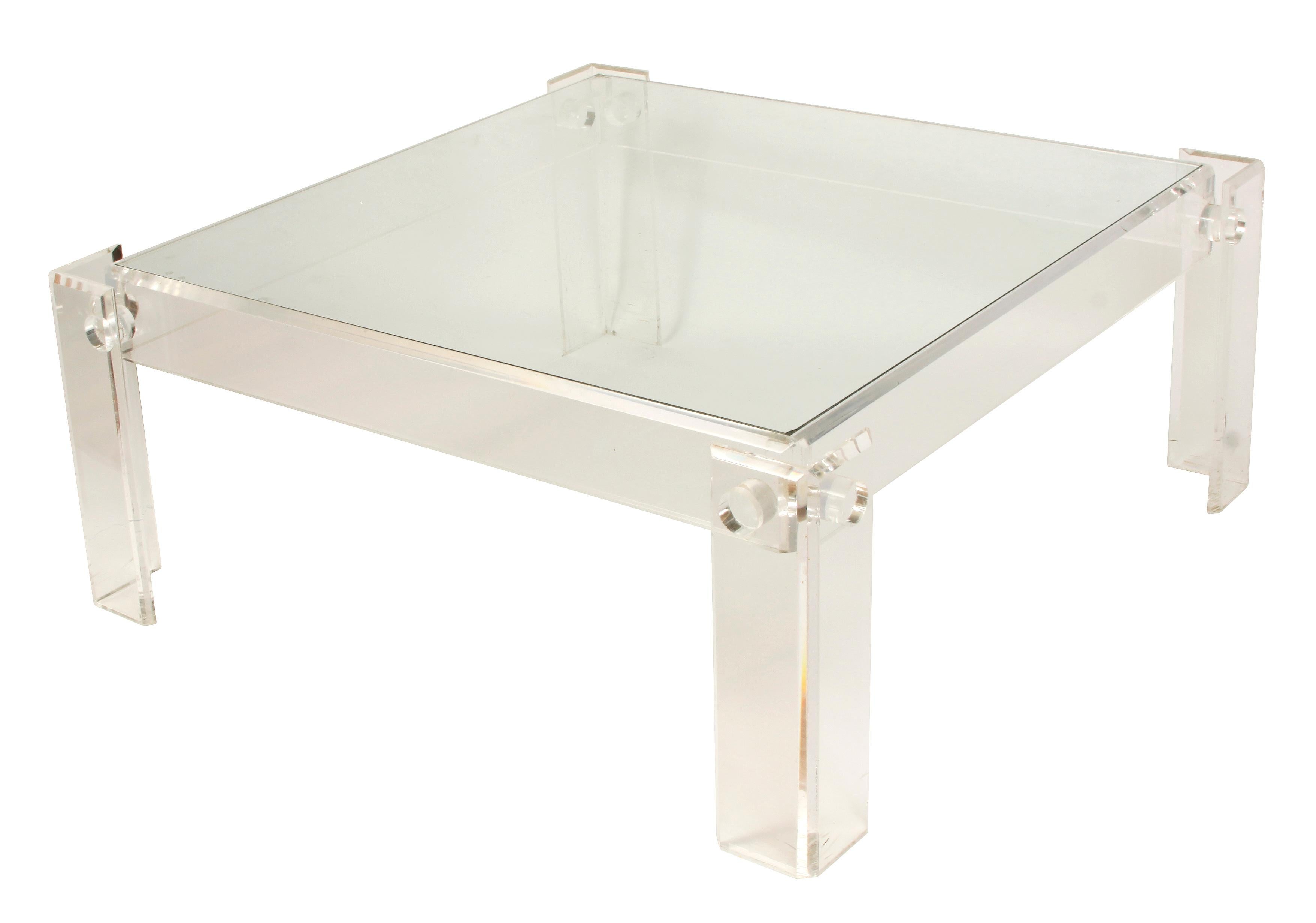 Lucite base and glass top square cocktail table.