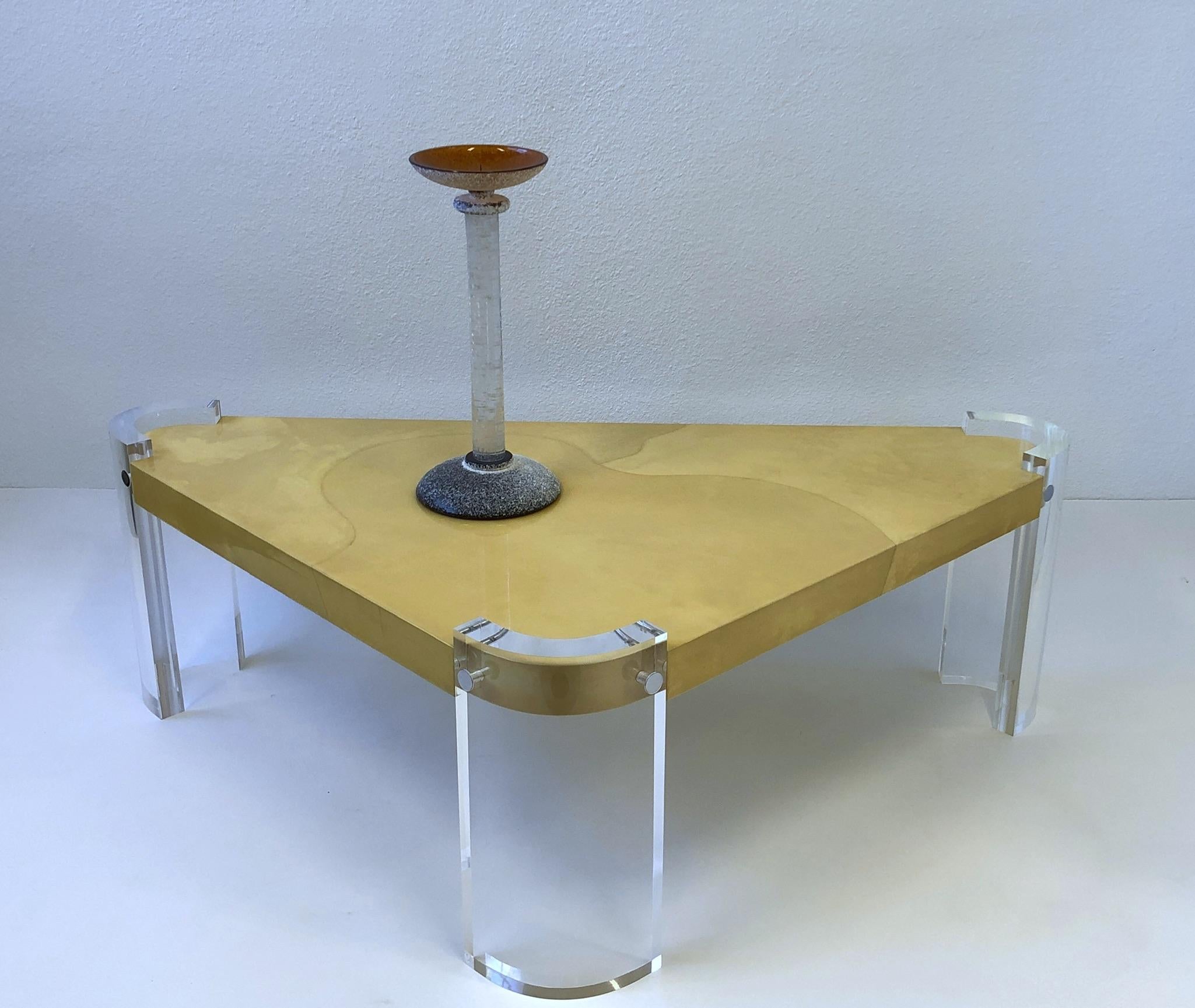 Lucite and Goatskin Parchment Triangular Shaped Coffee Table 3