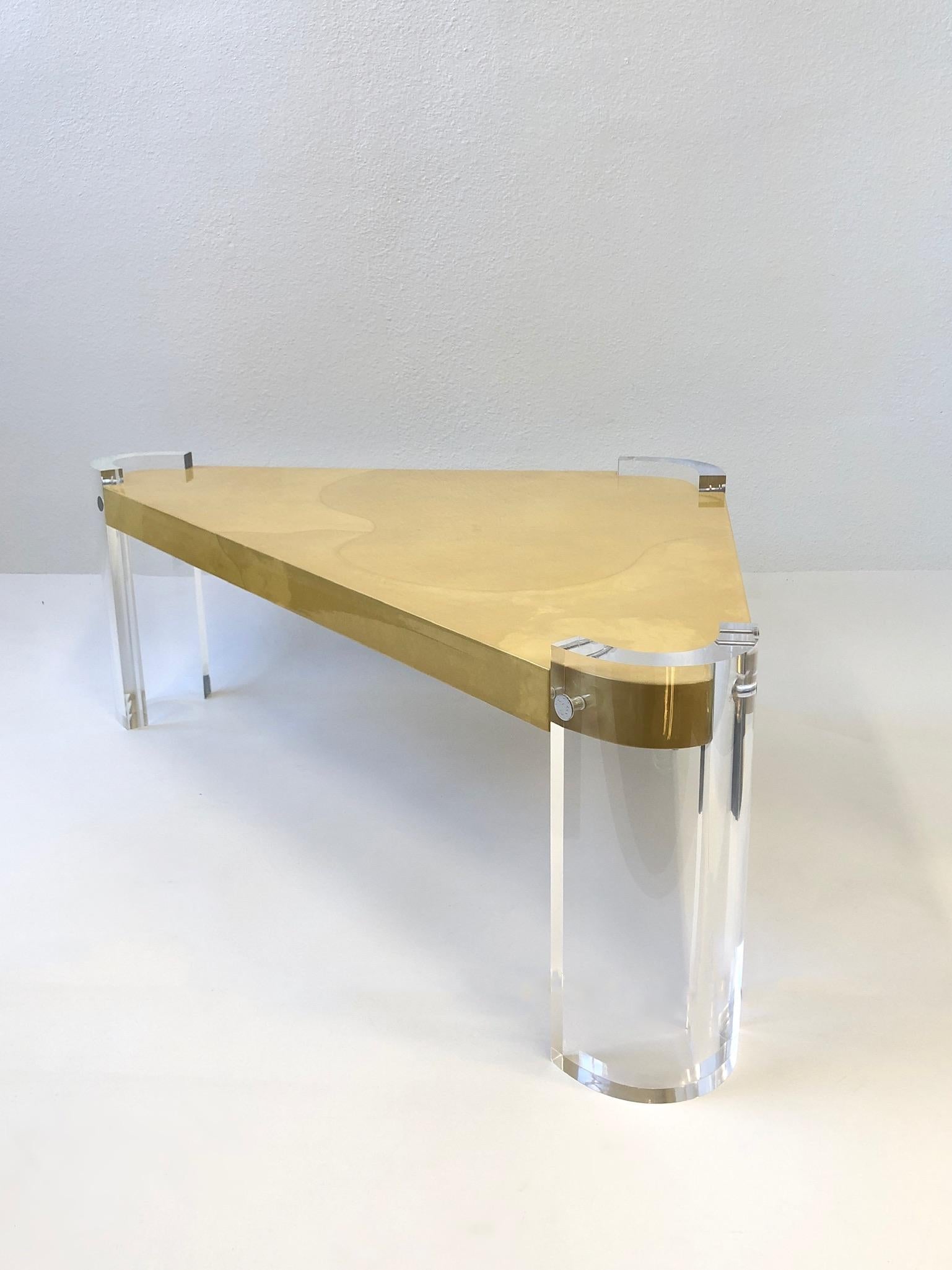 Modern Lucite and Goatskin Parchment Triangular Shaped Coffee Table