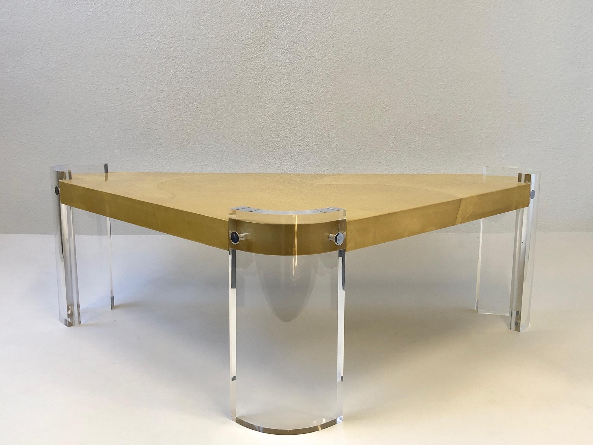 American Lucite and Goatskin Parchment Triangular Shaped Coffee Table