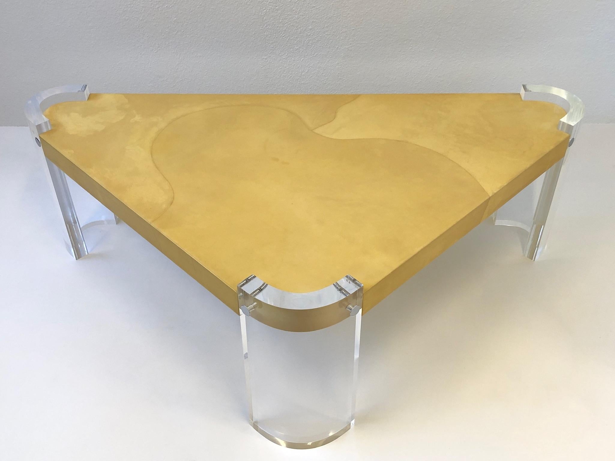 Lacquered Lucite and Goatskin Parchment Triangular Shaped Coffee Table