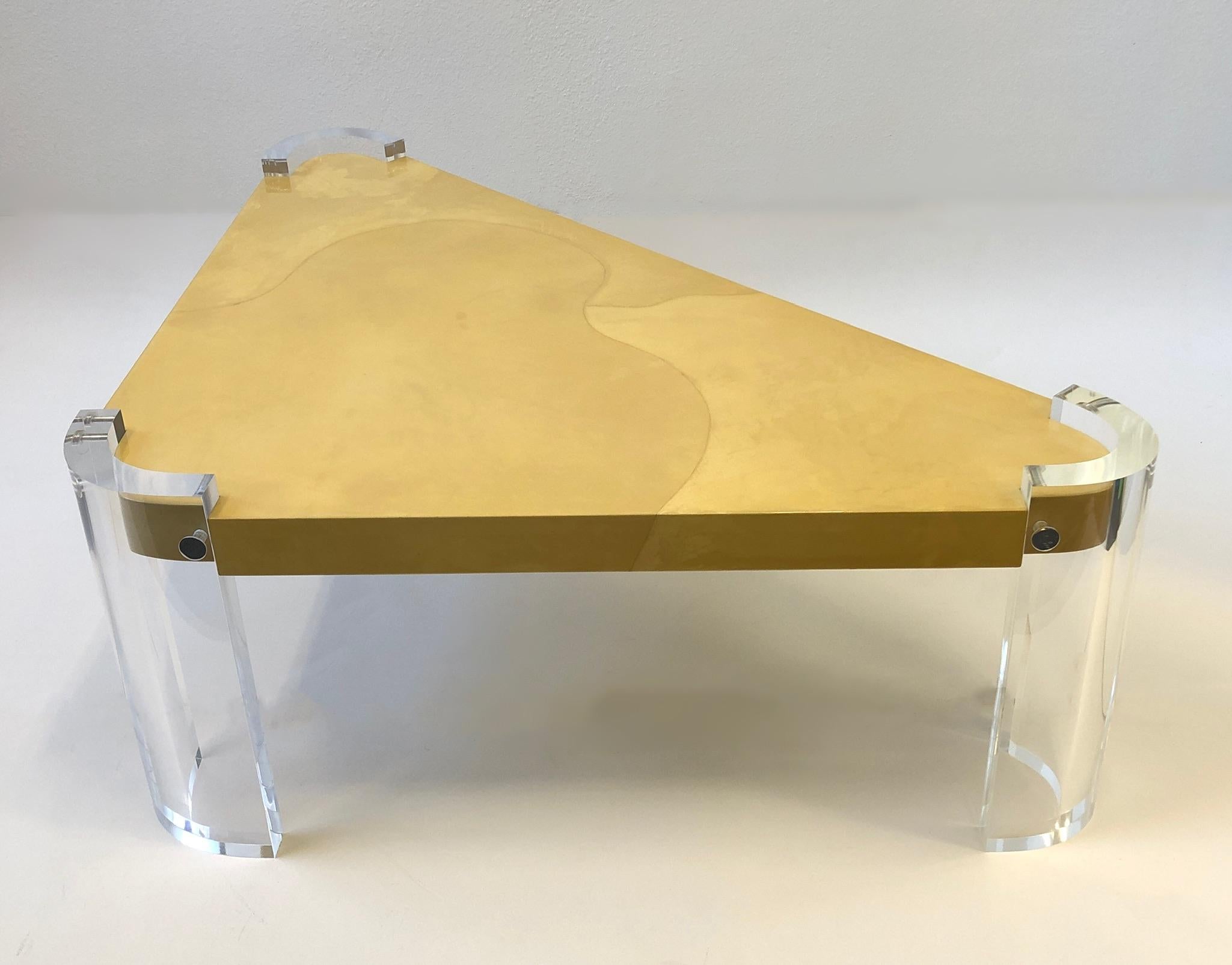 Lucite and Goatskin Parchment Triangular Shaped Coffee Table In Excellent Condition In Palm Springs, CA