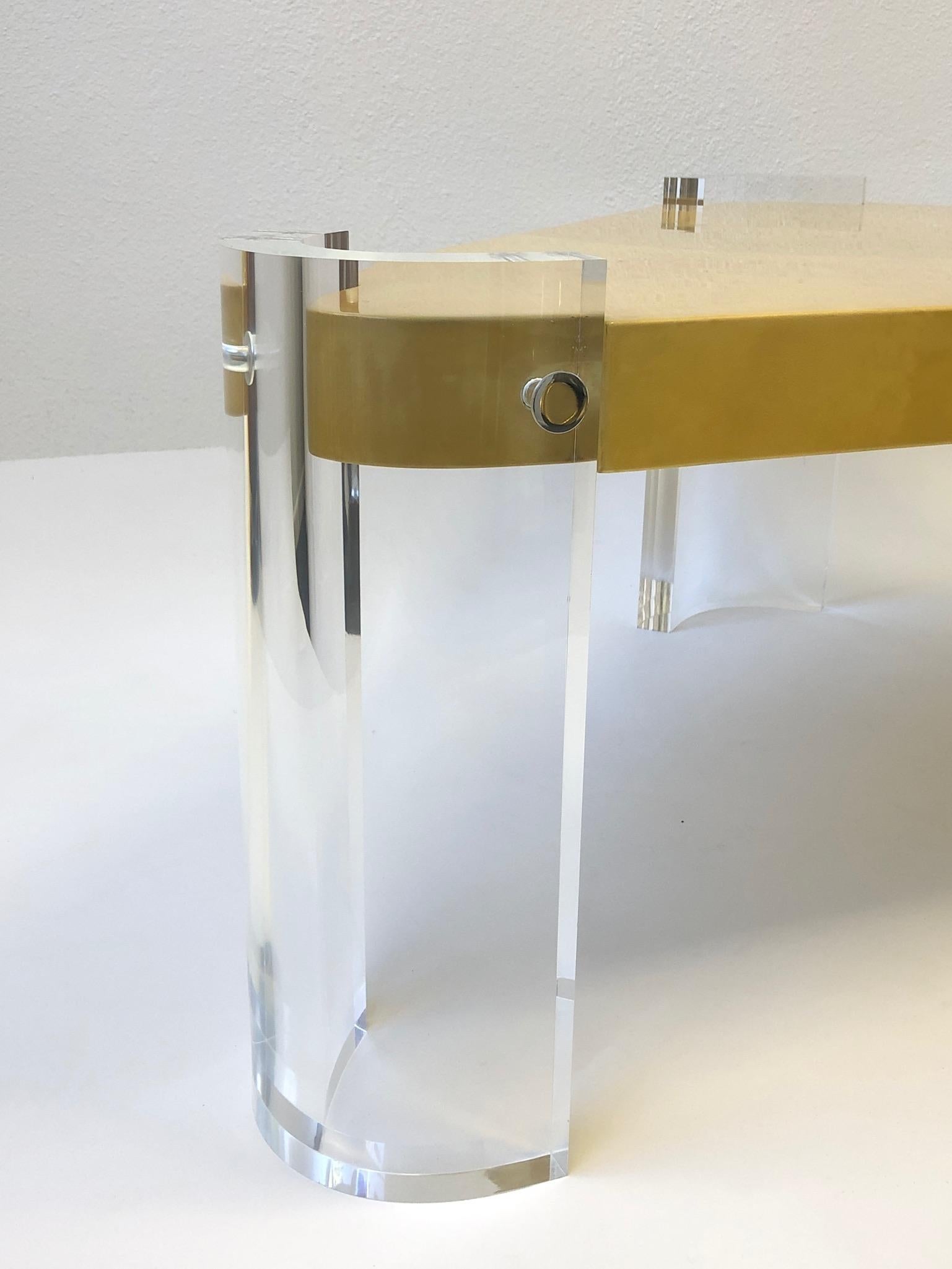 Late 20th Century Lucite and Goatskin Parchment Triangular Shaped Coffee Table