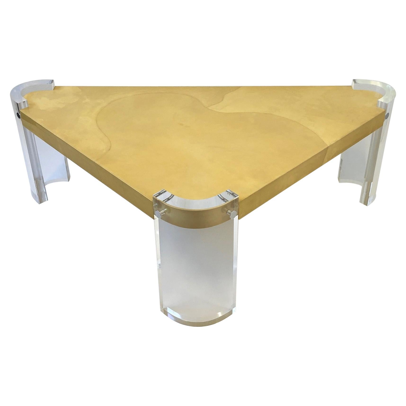 Lucite and Goatskin Parchment Triangular Shaped Coffee Table