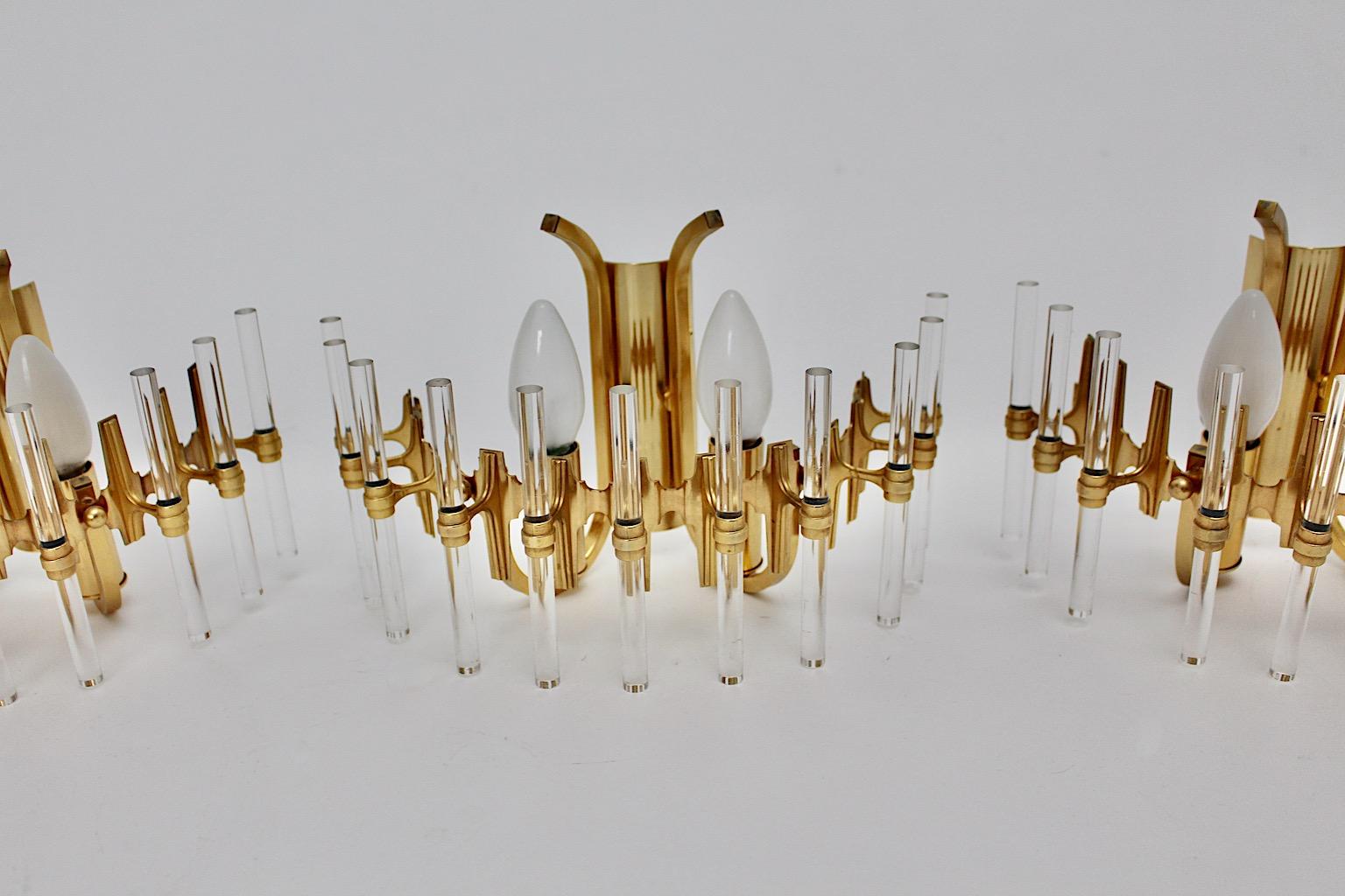 Lucite and Golden Metal Modern Vintage Three Sconces or Wall Lights 1980s, Italy For Sale 1
