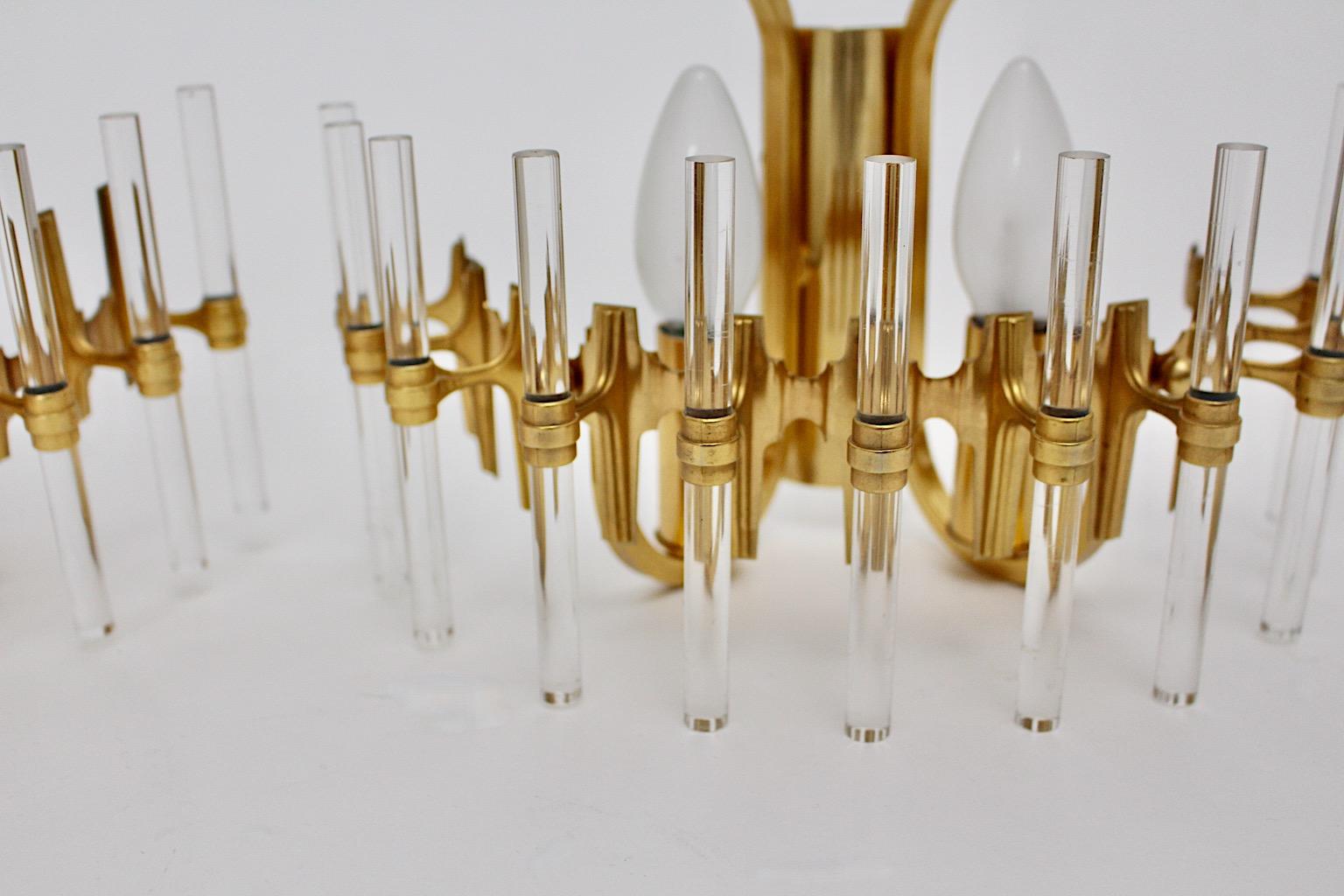 Lucite and Golden Metal Modern Vintage Three Sconces or Wall Lights 1980s, Italy For Sale 3