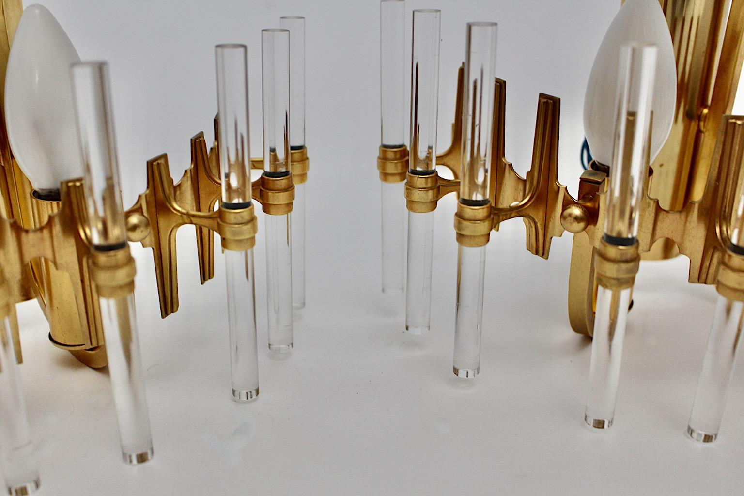 Lucite and Golden Metal Modern Vintage Three Sconces or Wall Lights 1980s, Italy For Sale 4