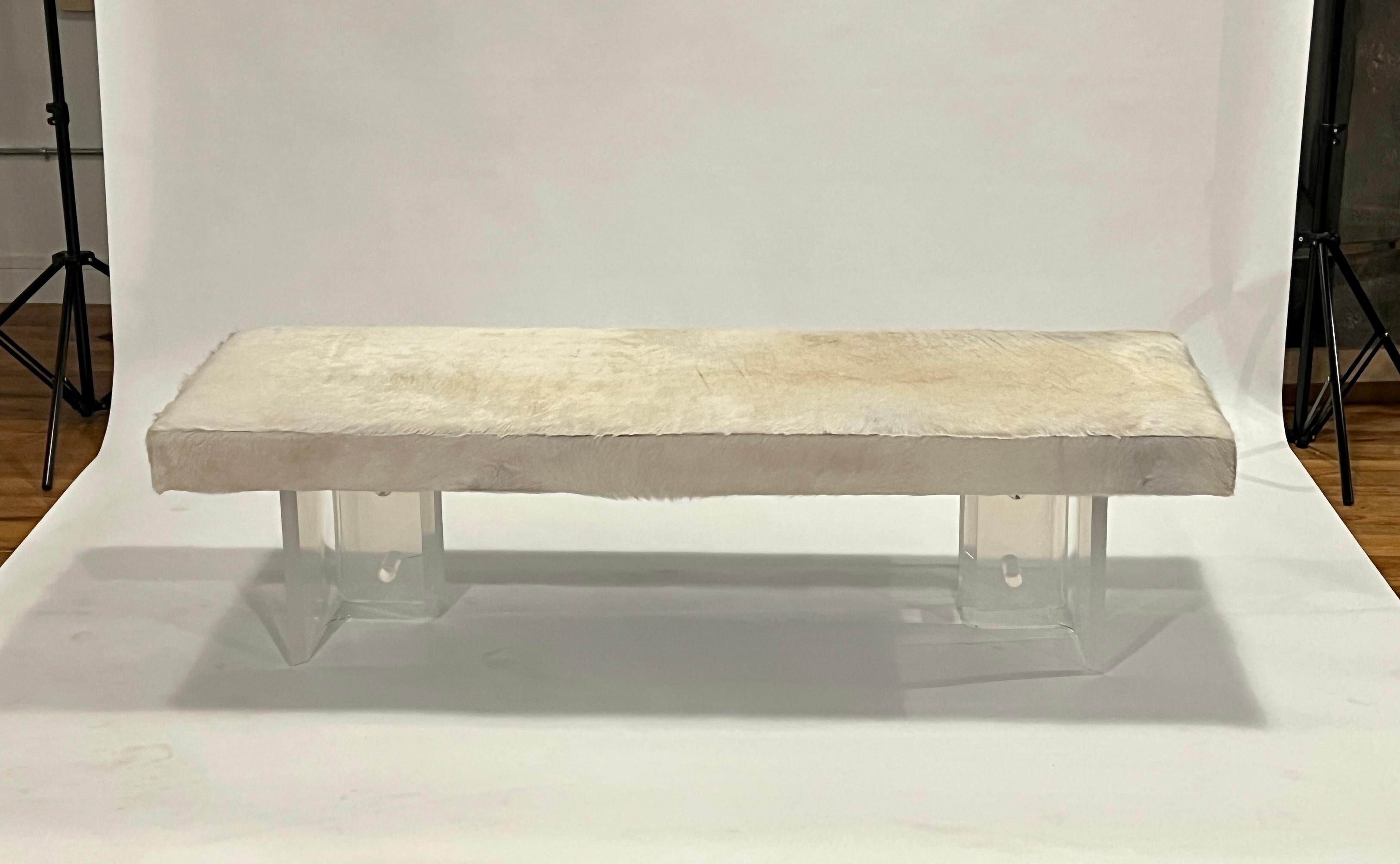 Late 20th Century Lucite and Hide Long Bench