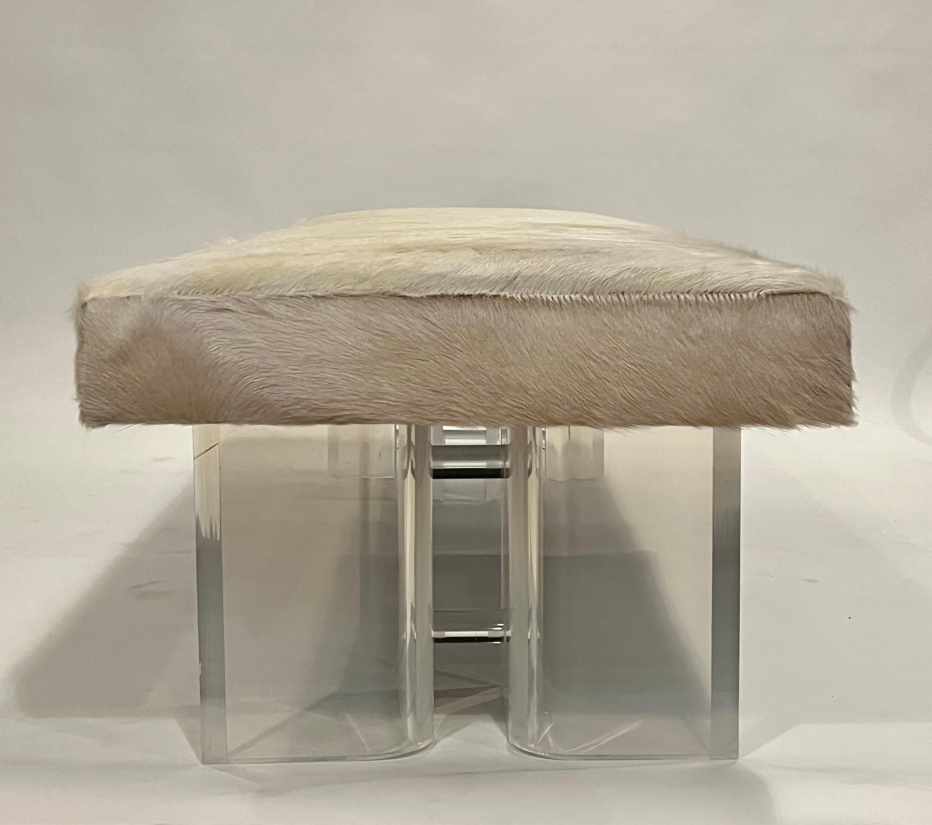 Cowhide Lucite and Hide Long Bench