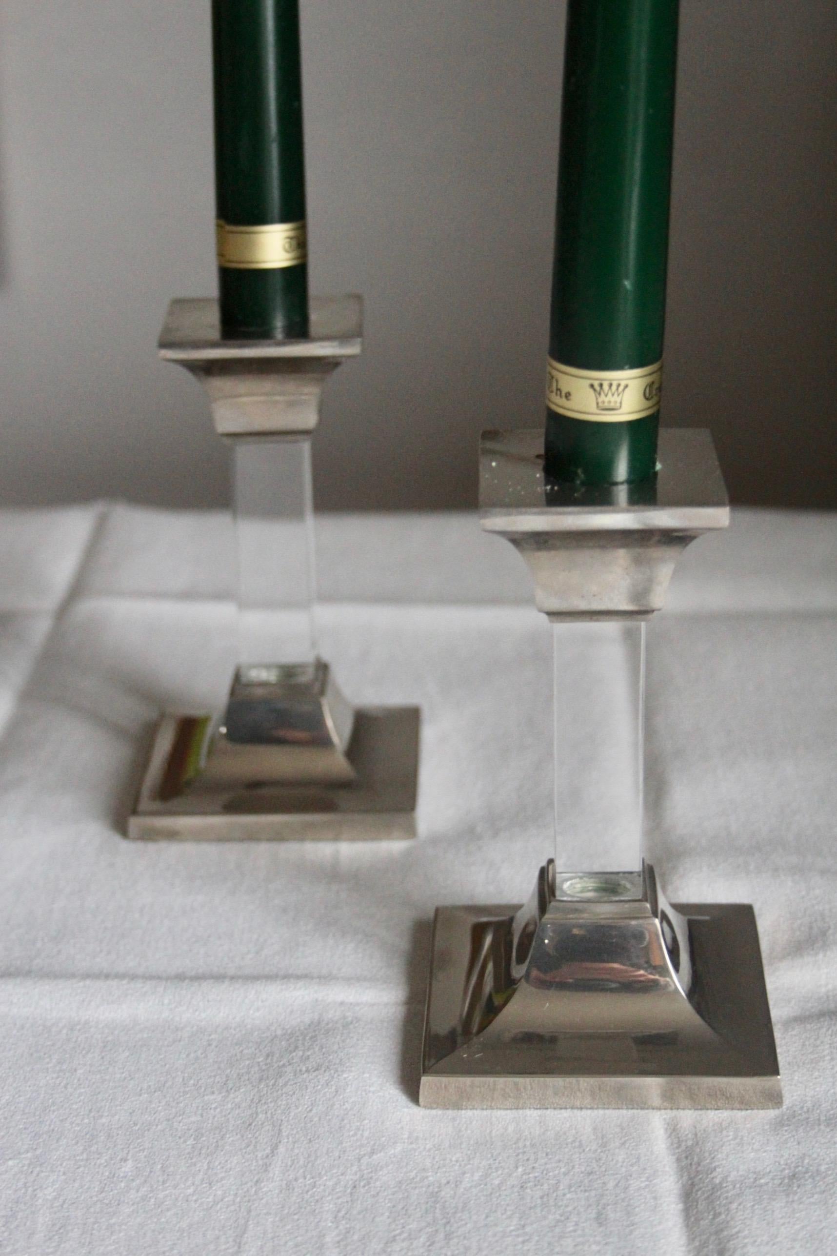 Late 20th Century Lucite and Metal Pair of Candlestick