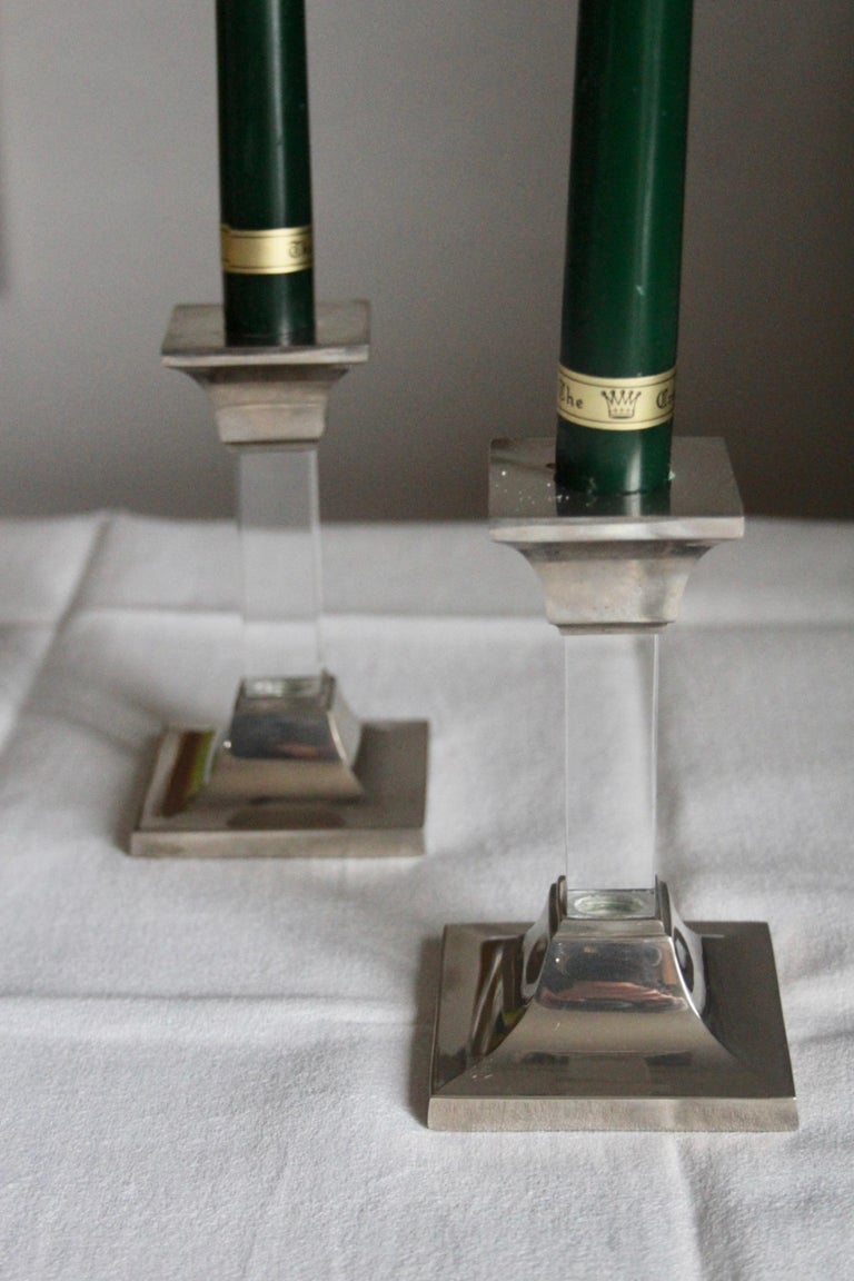 Lucite and Metal Pair of Candlestick For Sale at 1stDibs