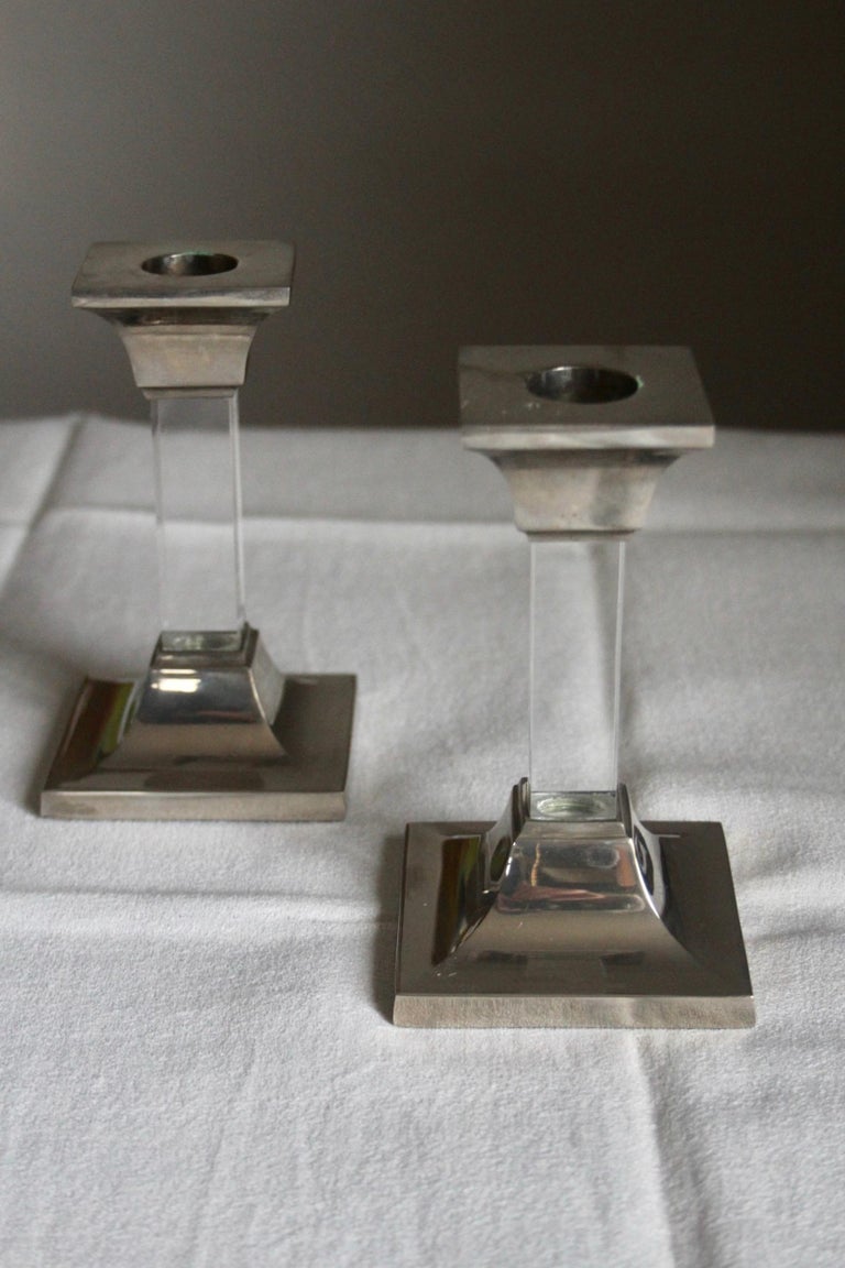 Lucite and Metal Pair of Candlestick For Sale at 1stDibs