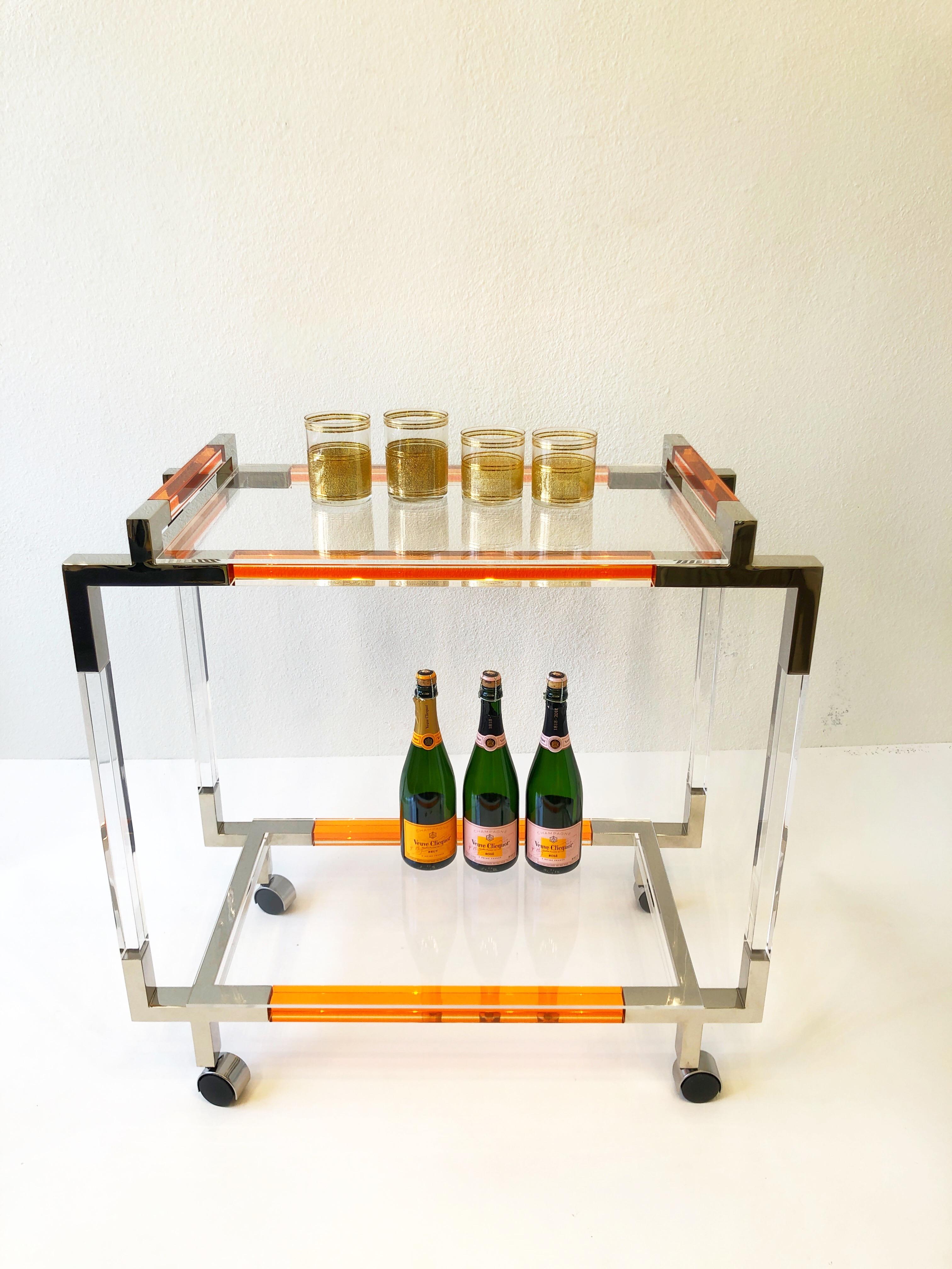 Polished Lucite and Nickel Bar Cart by Charles Hollis Jones