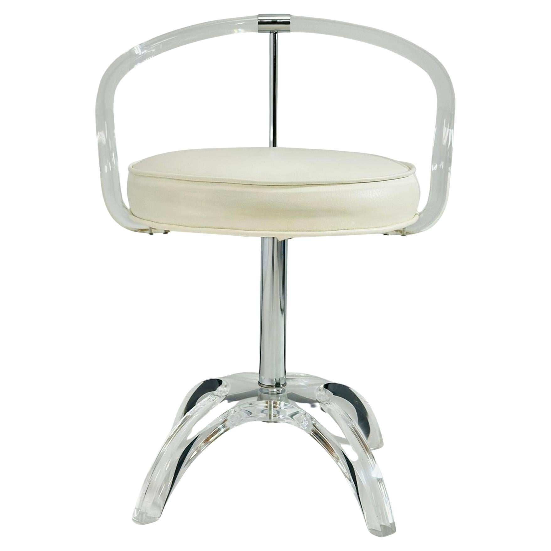 Lucite and Nickel Vanity Swivel Chair by Charles Hollis Jones, Signed and Dated