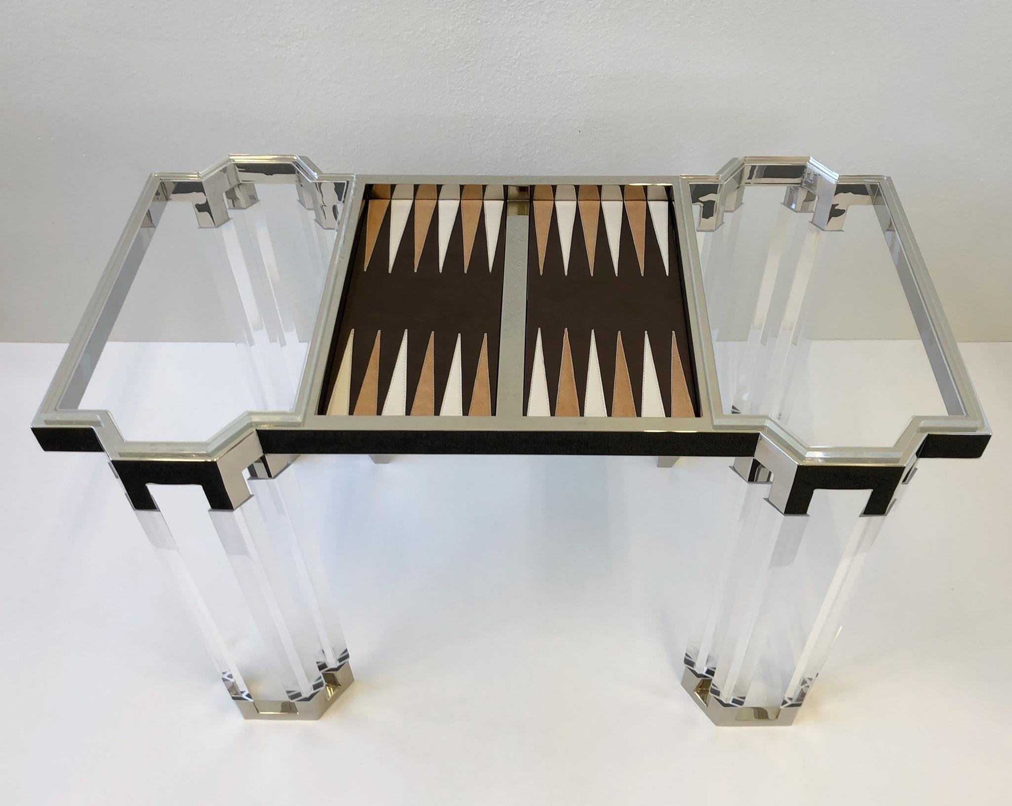 Lucite and Polish Nickel Backgammon Table by Charles Hollis Jones In New Condition In Palm Springs, CA