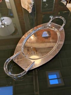 Lucite and Polished Aluminum Oval Tray with Sculptural Handles, 1970s