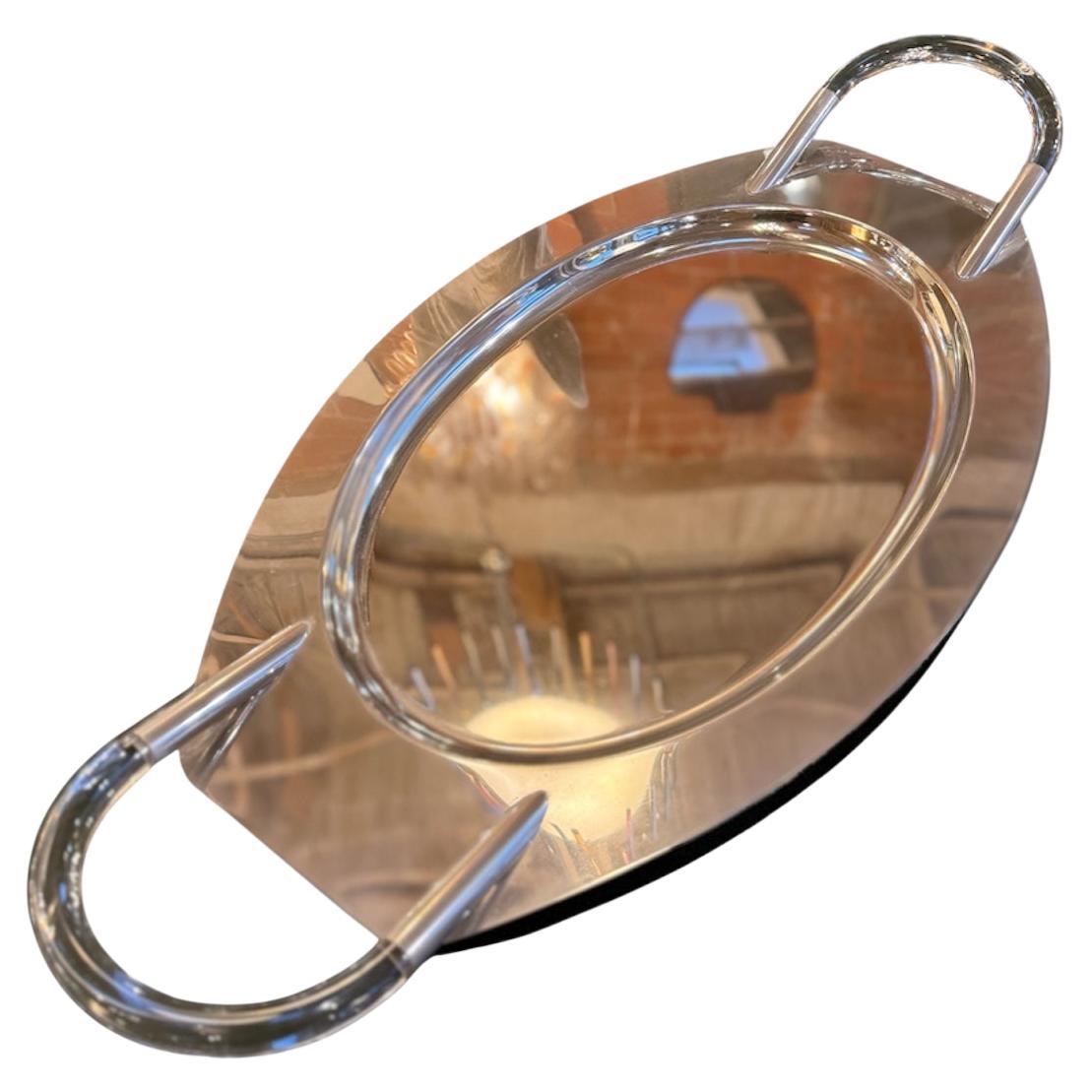 Lucite and Polished Aluminum Oval Tray with Sculptural Handles, 1970s For Sale