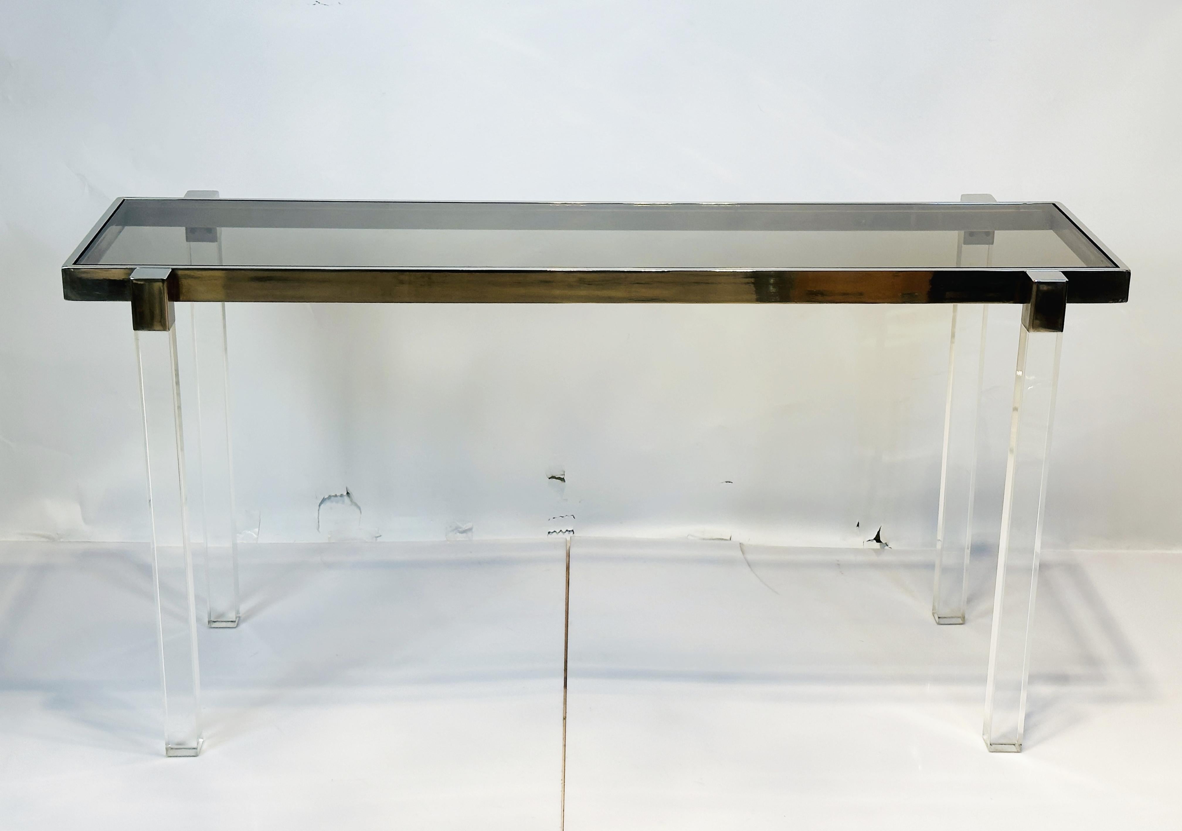 Mid-Century Modern Lucite and Polished Nickel Console Table by Charles Hollis Jones, “Box” Series For Sale
