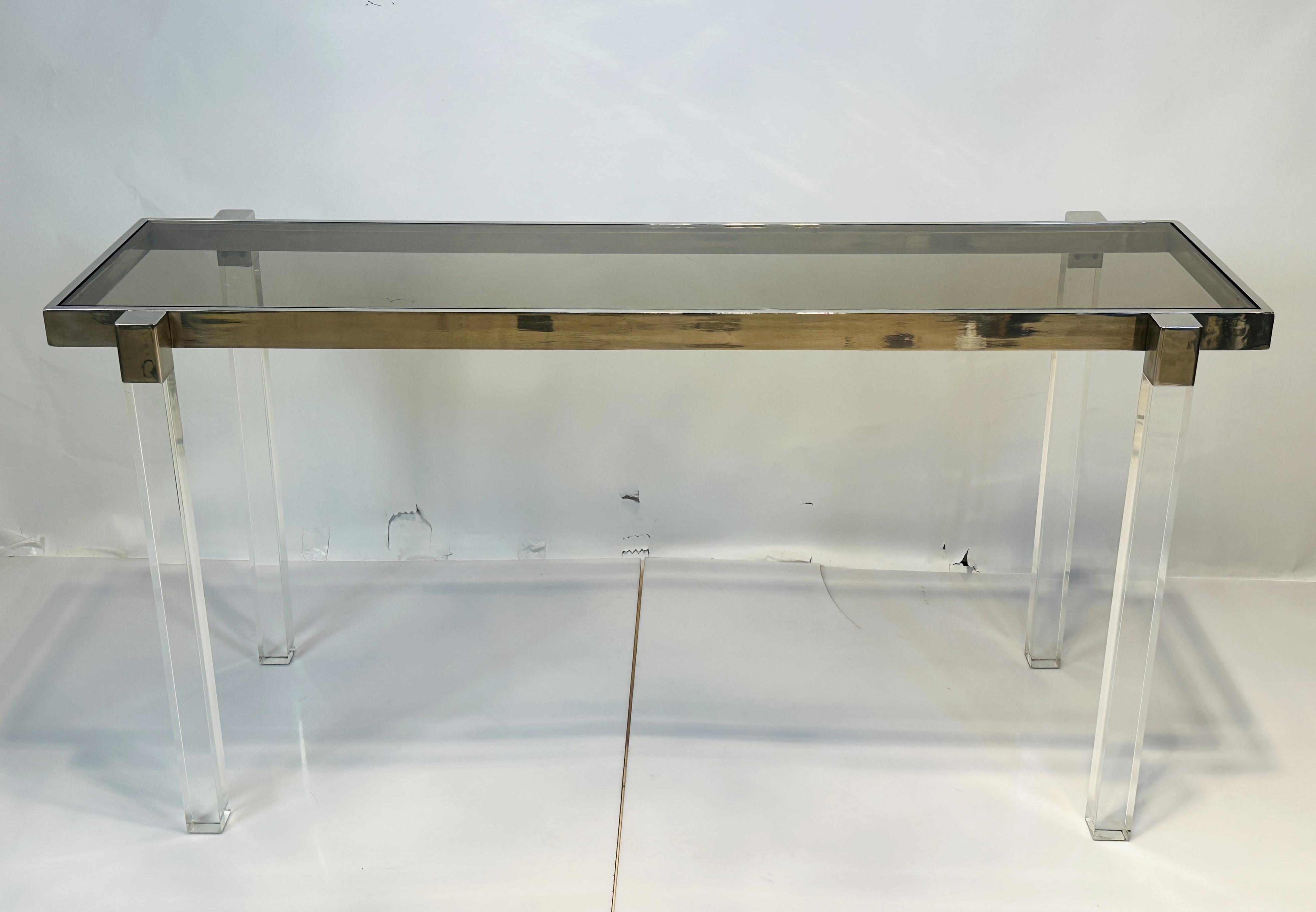 American Lucite and Polished Nickel Console Table by Charles Hollis Jones, “Box” Series For Sale