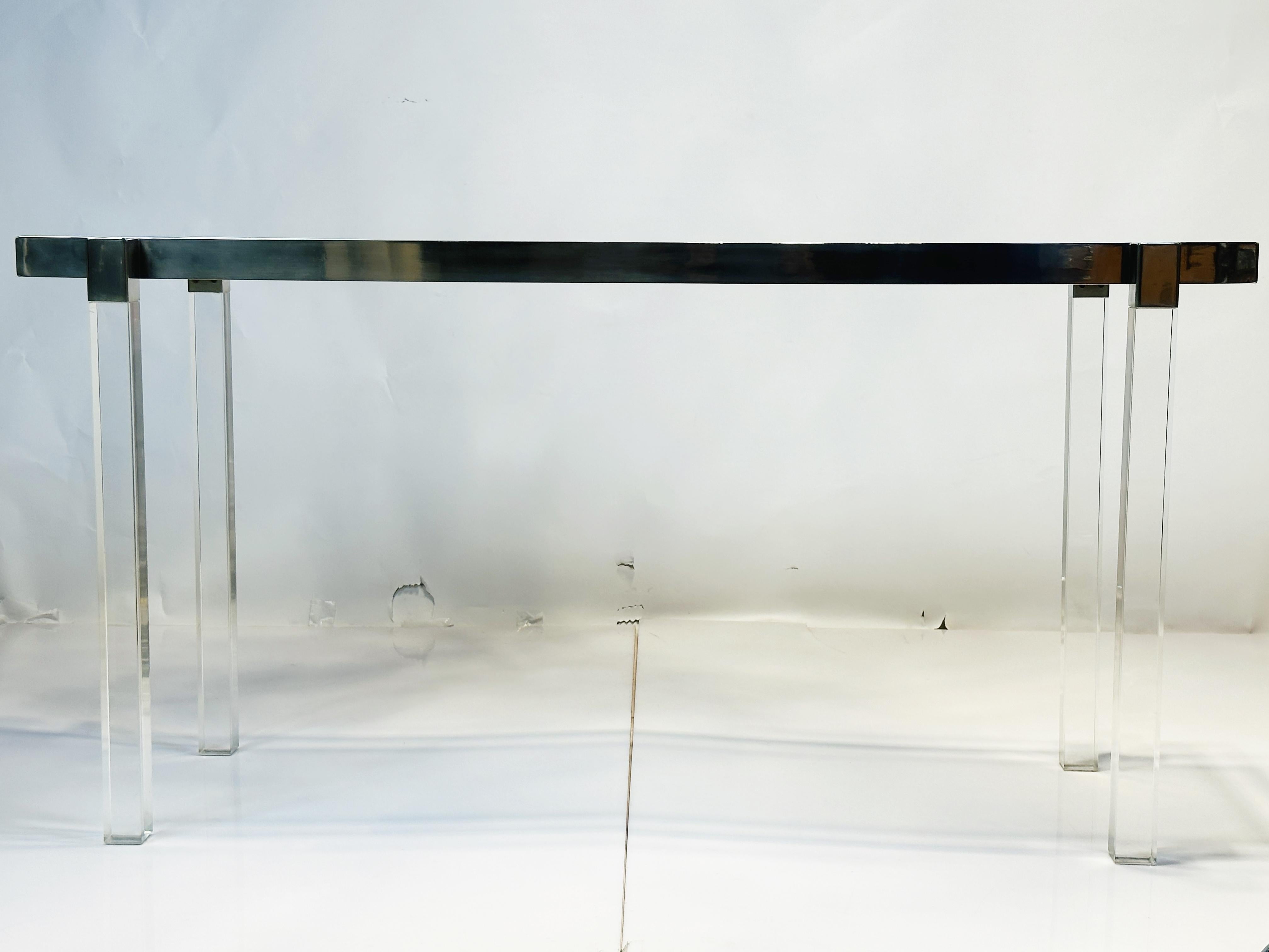 Hand-Crafted Lucite and Polished Nickel Console Table by Charles Hollis Jones, “Box” Series For Sale