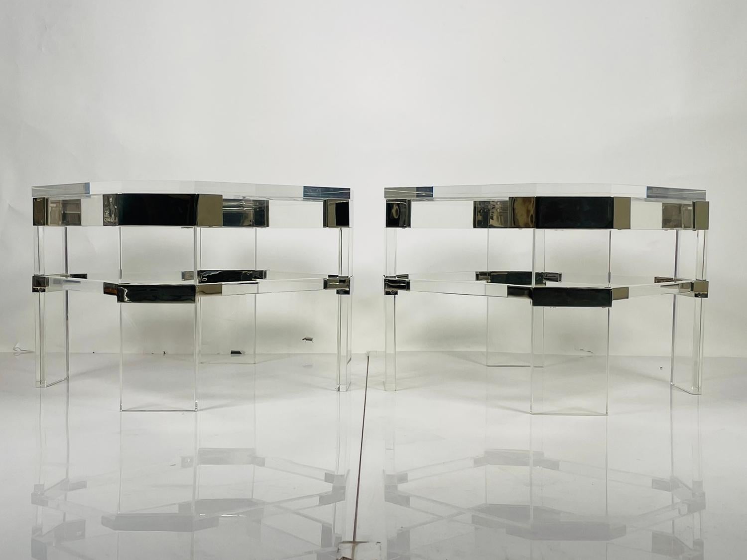 Mid-Century Modern Lucite and Polished Nickel Side Tables by Charles Hollis Jones For Sale
