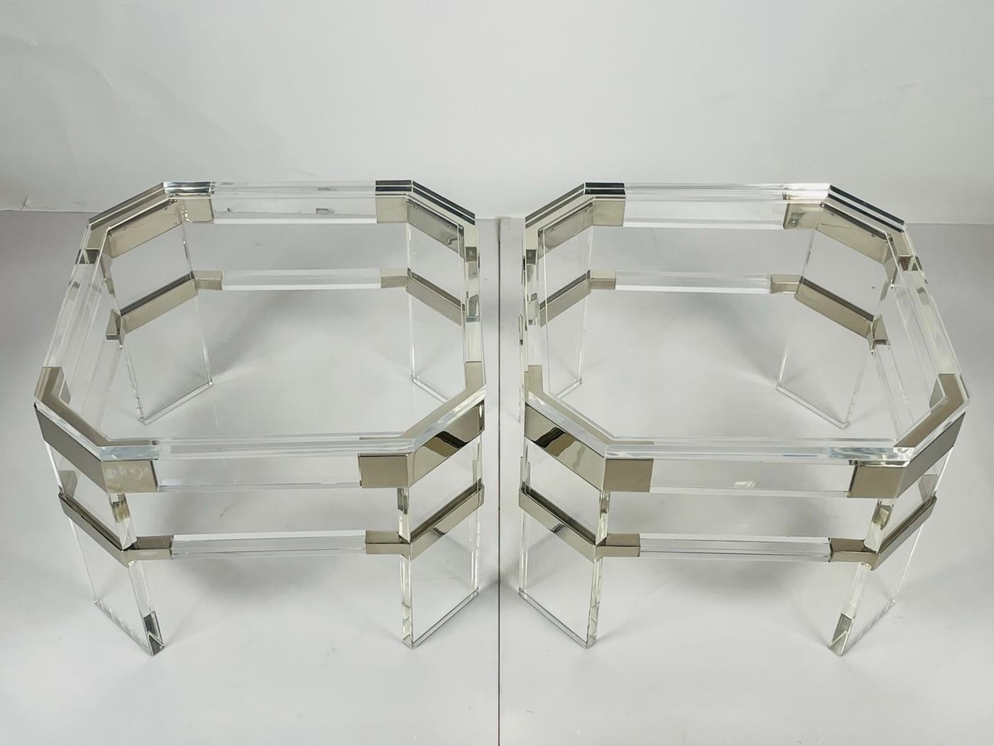 Lucite and Polished Nickel Side Tables by Charles Hollis Jones In Good Condition For Sale In Los Angeles, CA