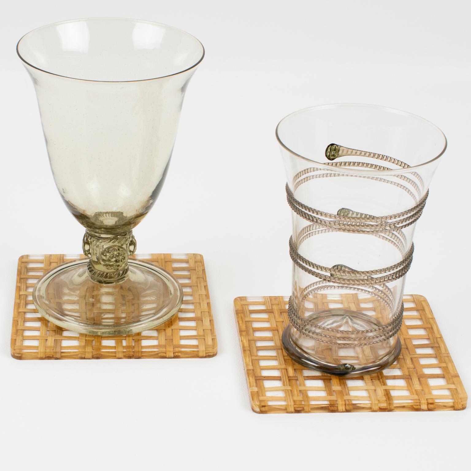 Italian Lucite and Rattan Barware Coasters, set of 5 pieces For Sale