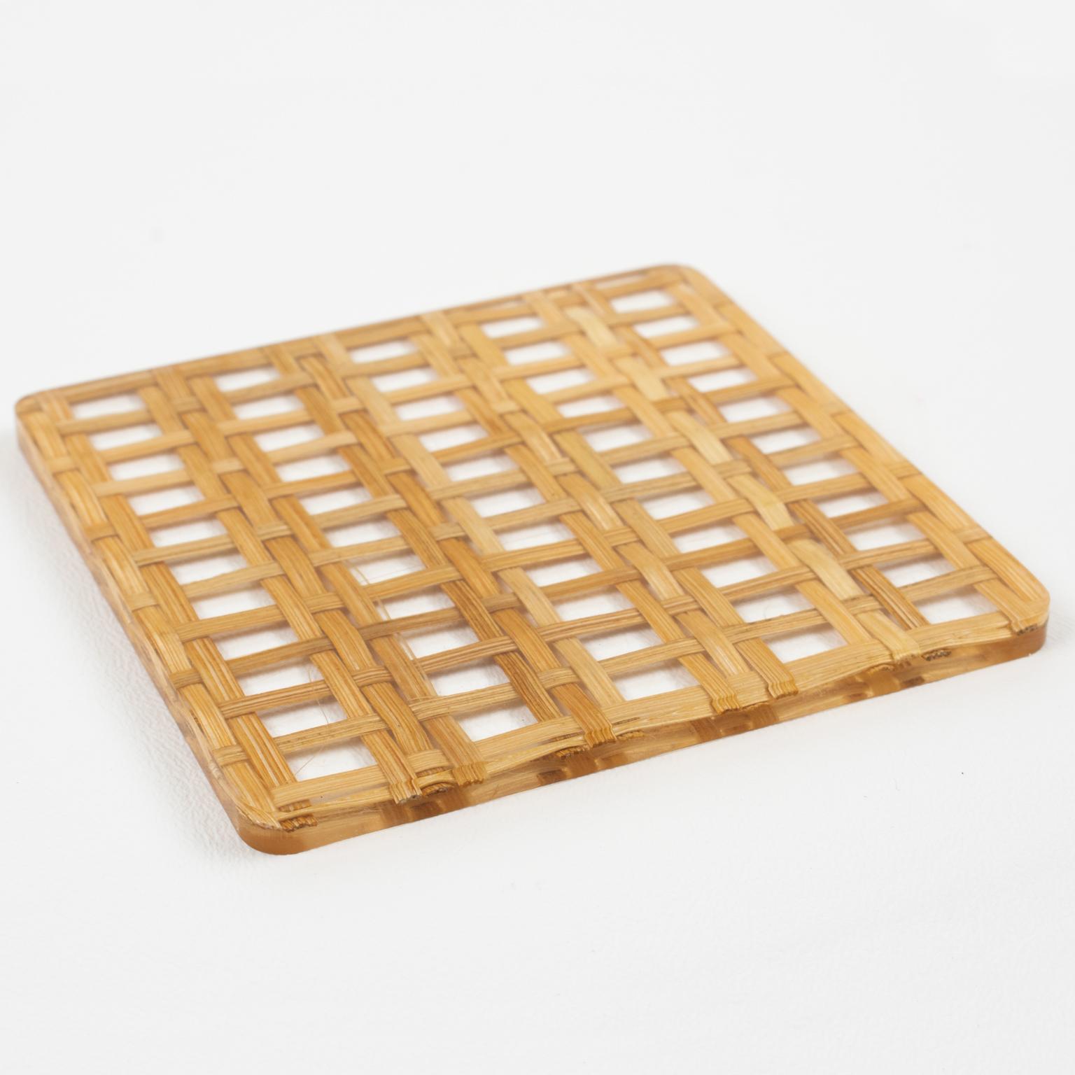 Wicker Lucite and Rattan Barware Coasters, set of 5 pieces For Sale