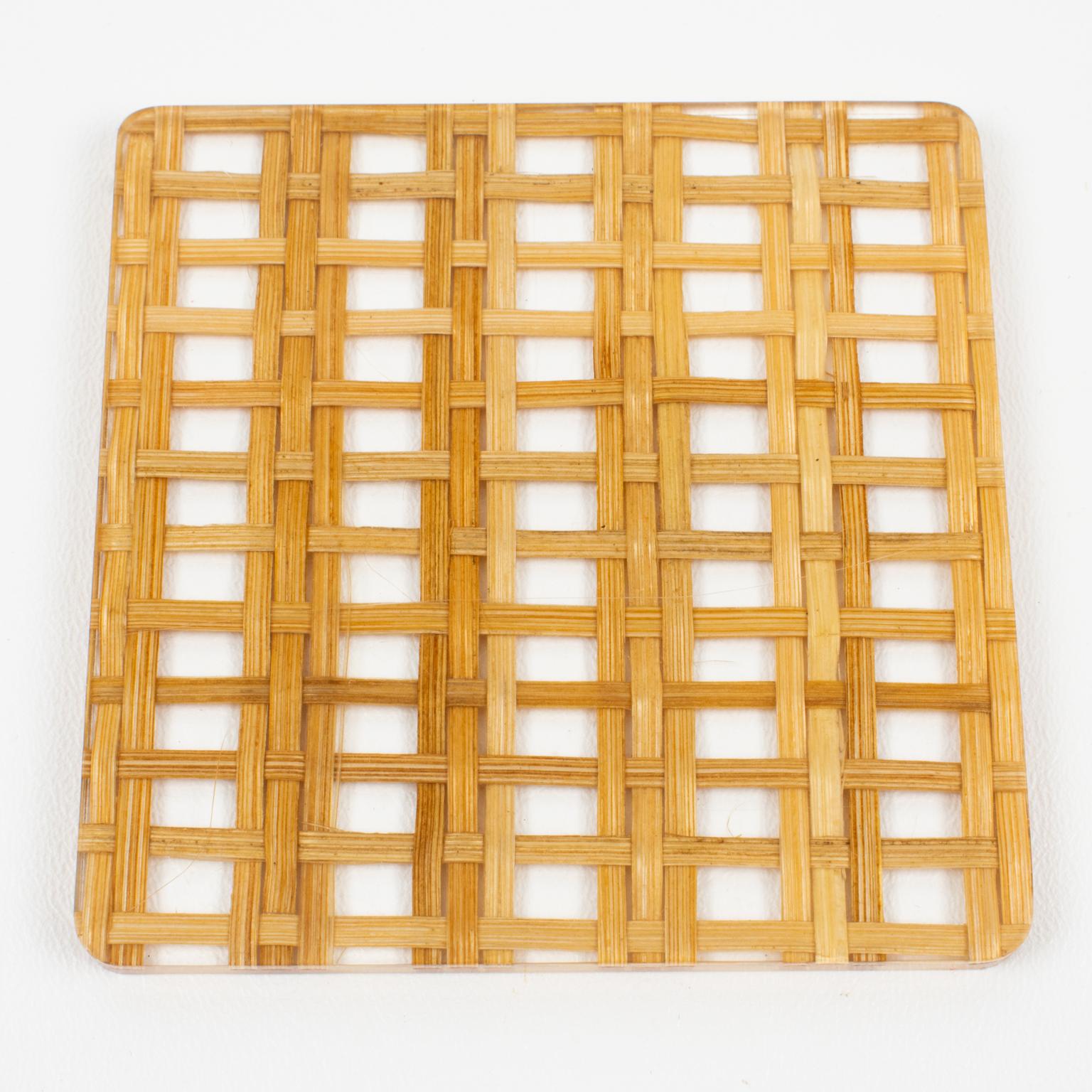 Lucite and Rattan Barware Coasters, set of 5 pieces For Sale 1