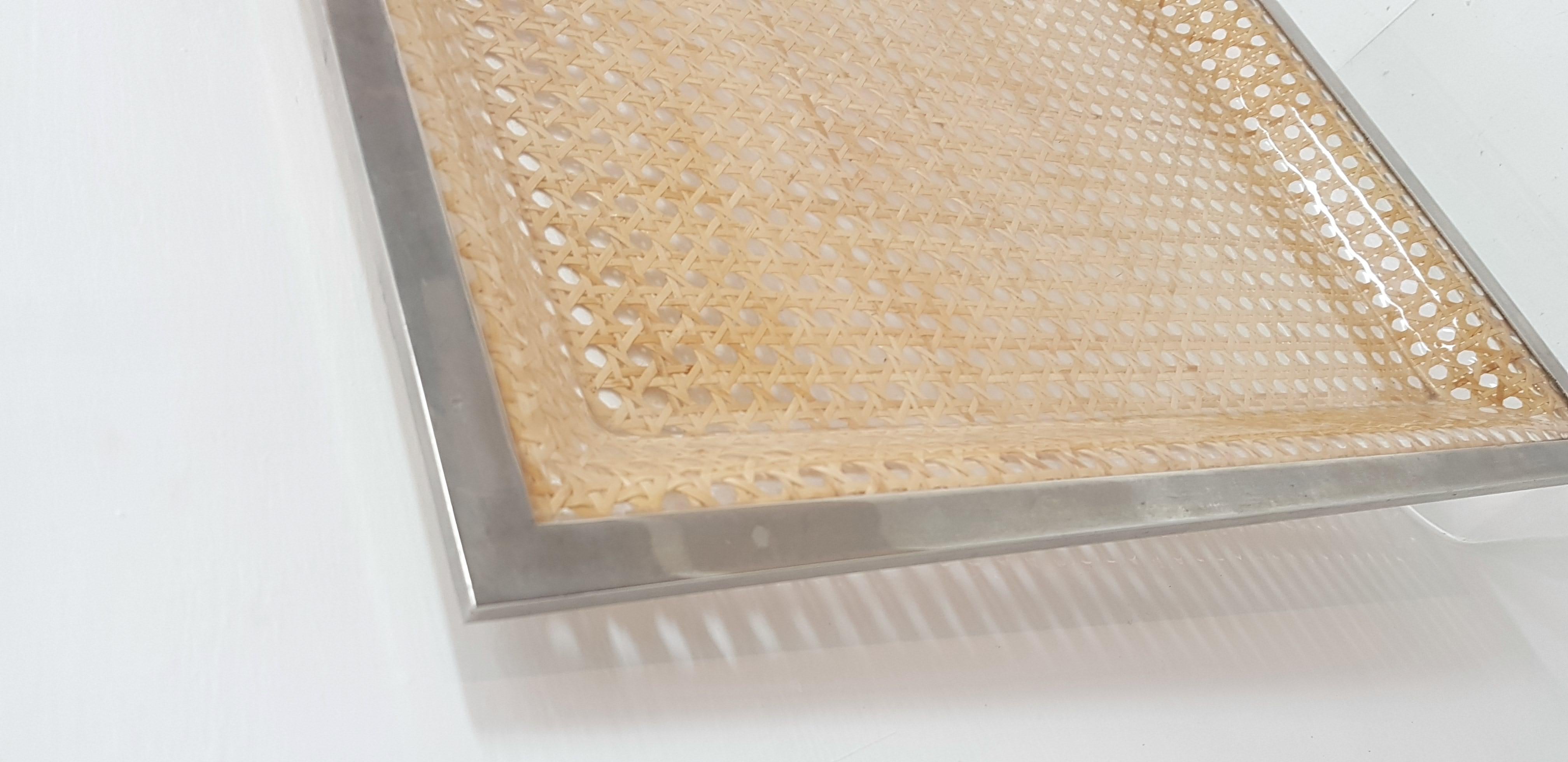 Italian Lucite and Rattan Large Square Tray For Sale