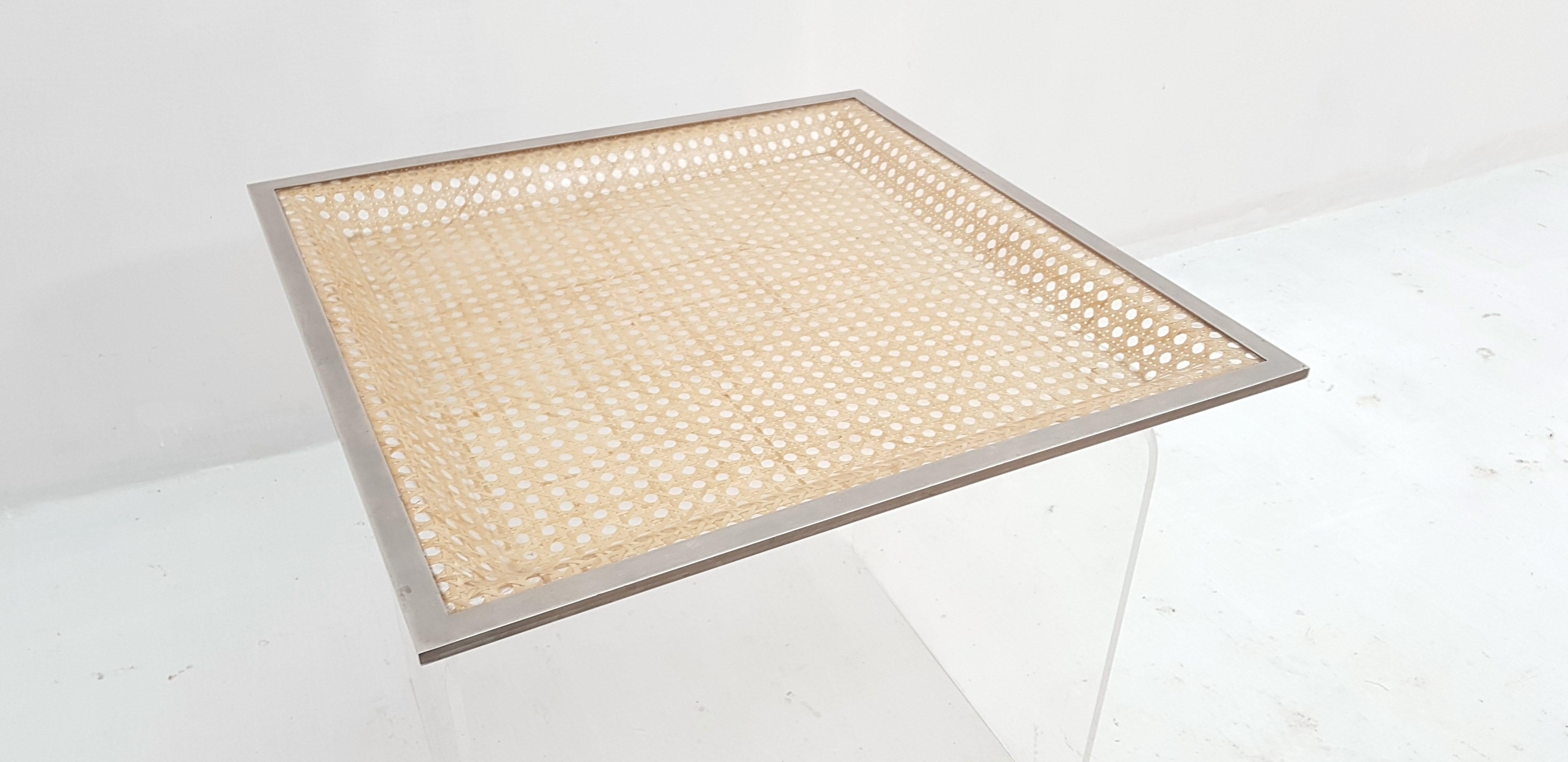 20th Century Lucite and Rattan Large Square Tray For Sale