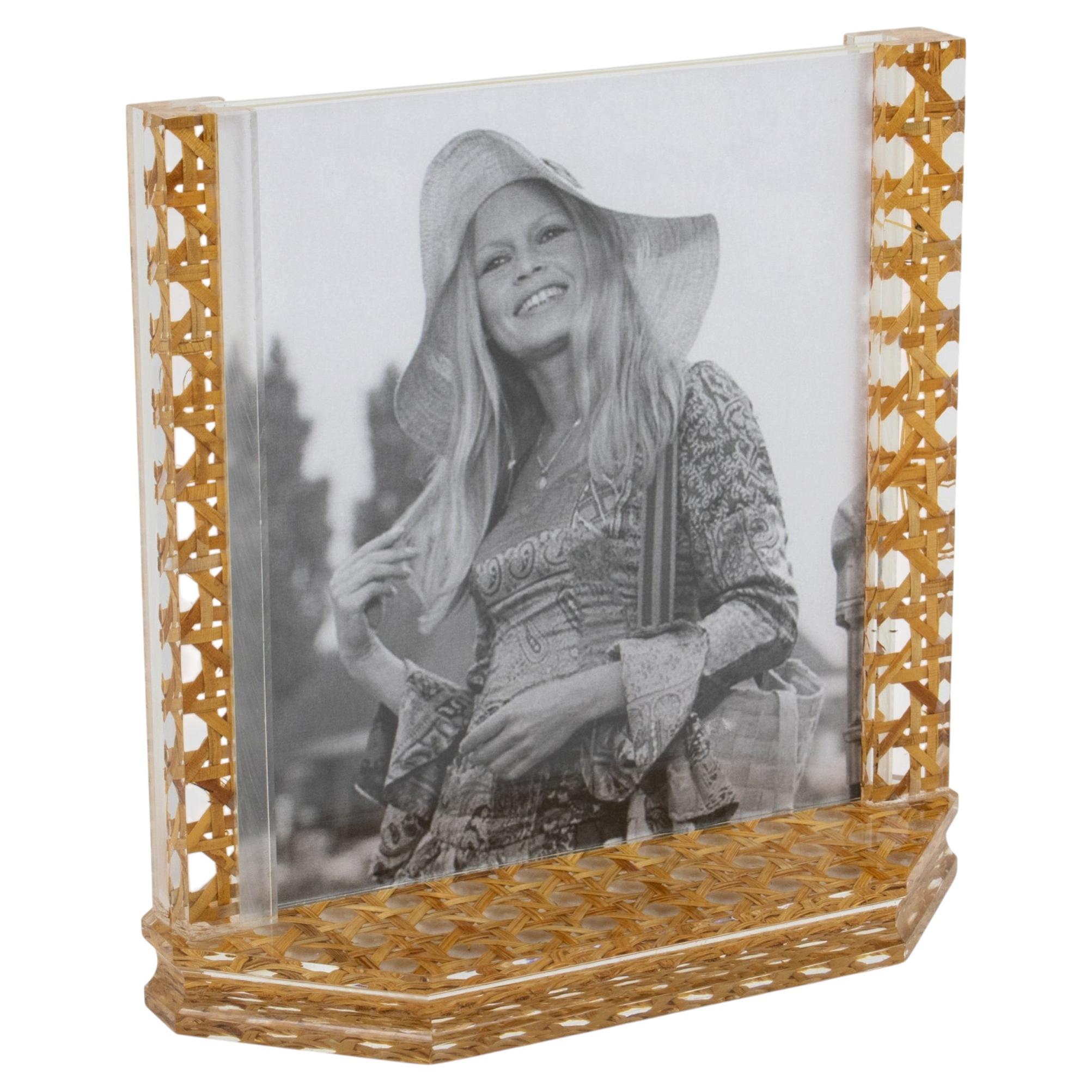 Lucite and Rattan, Wicker Picture Frame, Italy circa 1970 For Sale