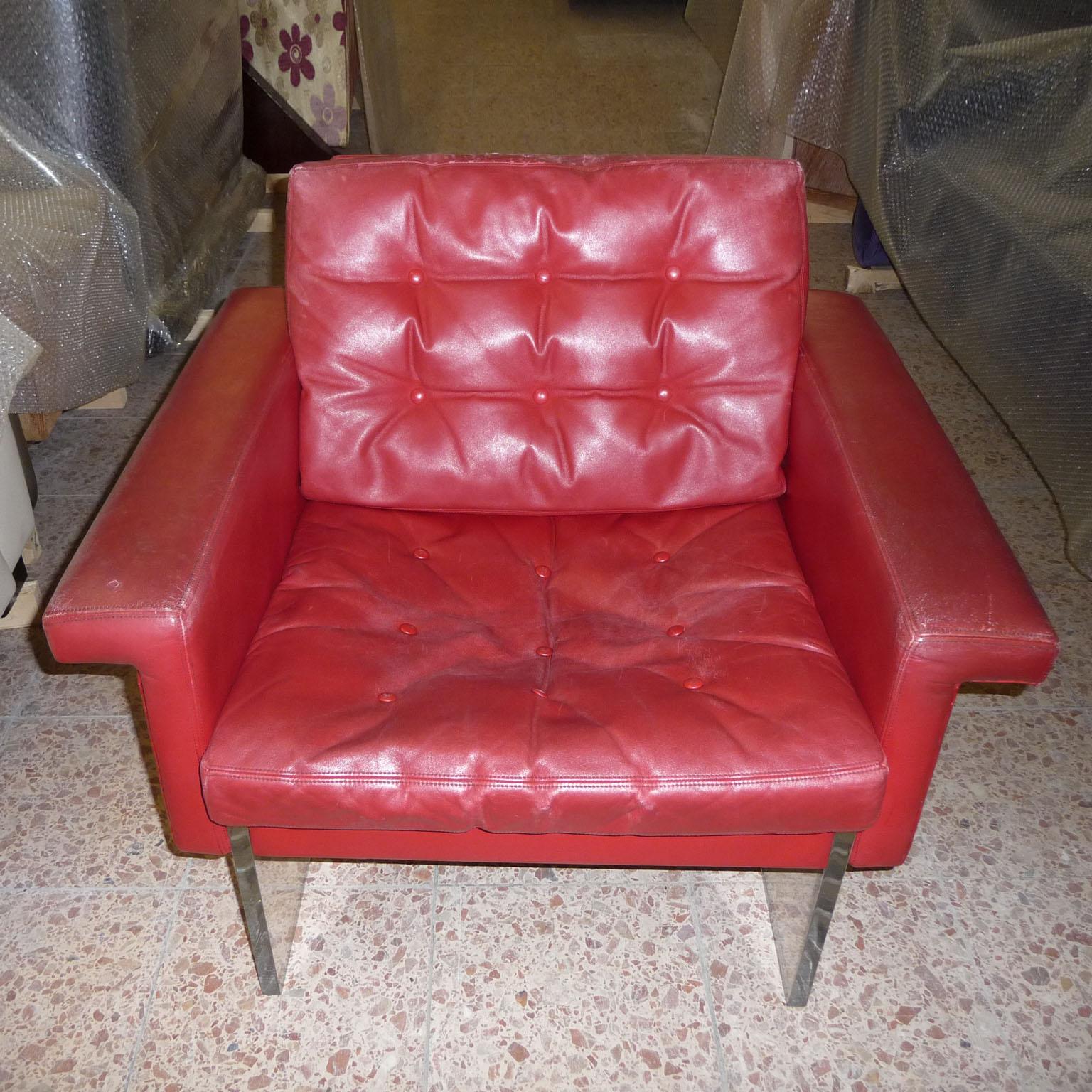 Italian Lucite and Red Leather Vintage Loft Armchair, Italy, 1970s, Mid-Century Modern For Sale