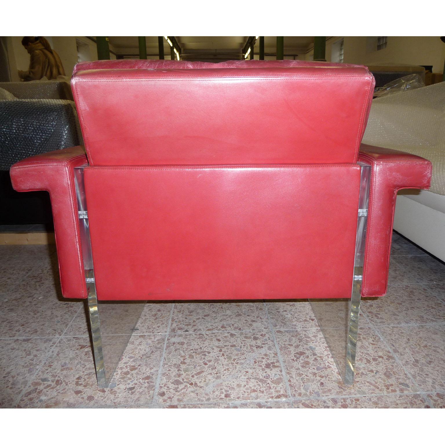 20th Century Lucite and Red Leather Vintage Loft Armchair, Italy, 1970s, Mid-Century Modern For Sale