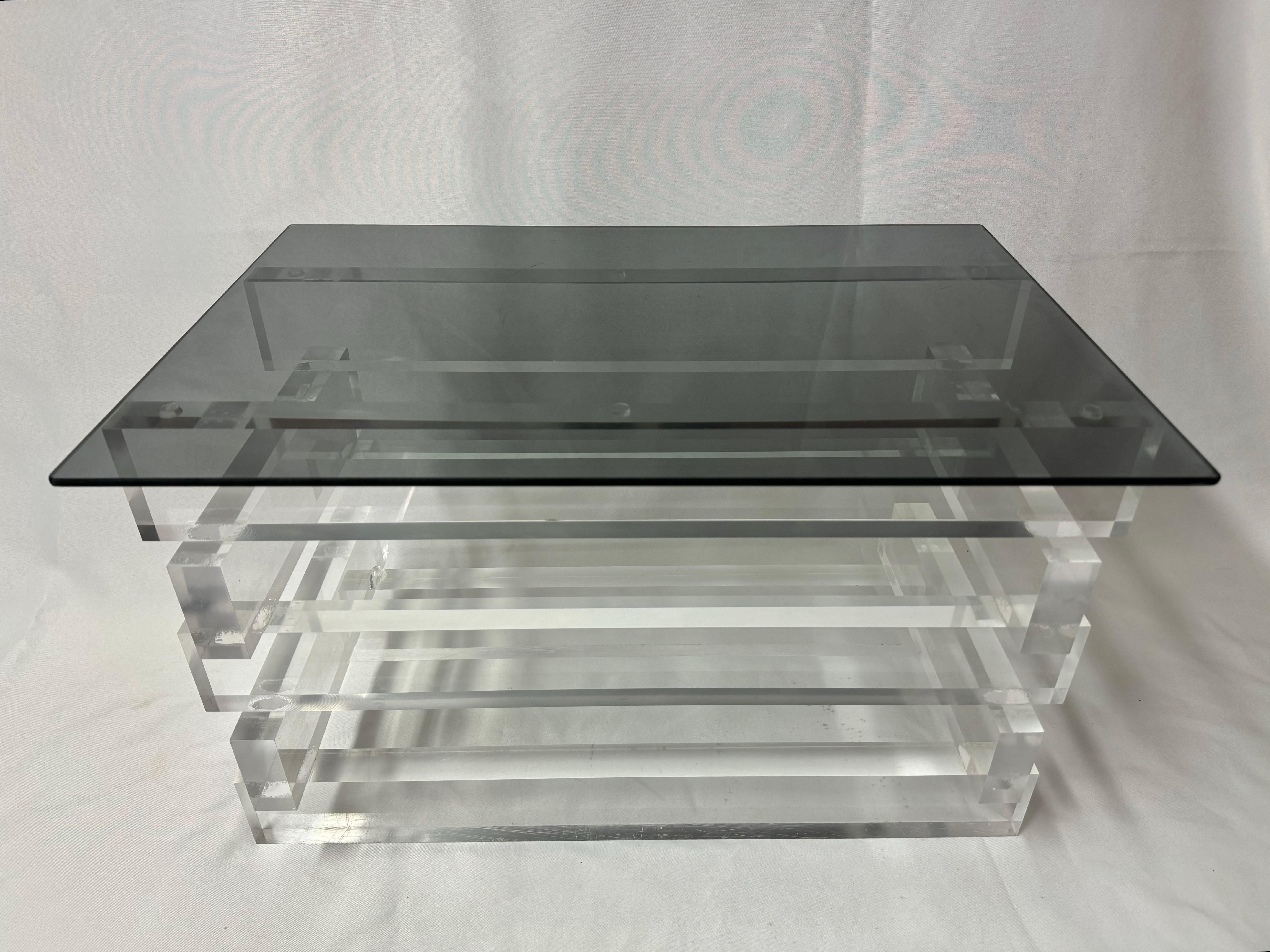 American Stacked Lucite and Smoked Glass Table For Sale