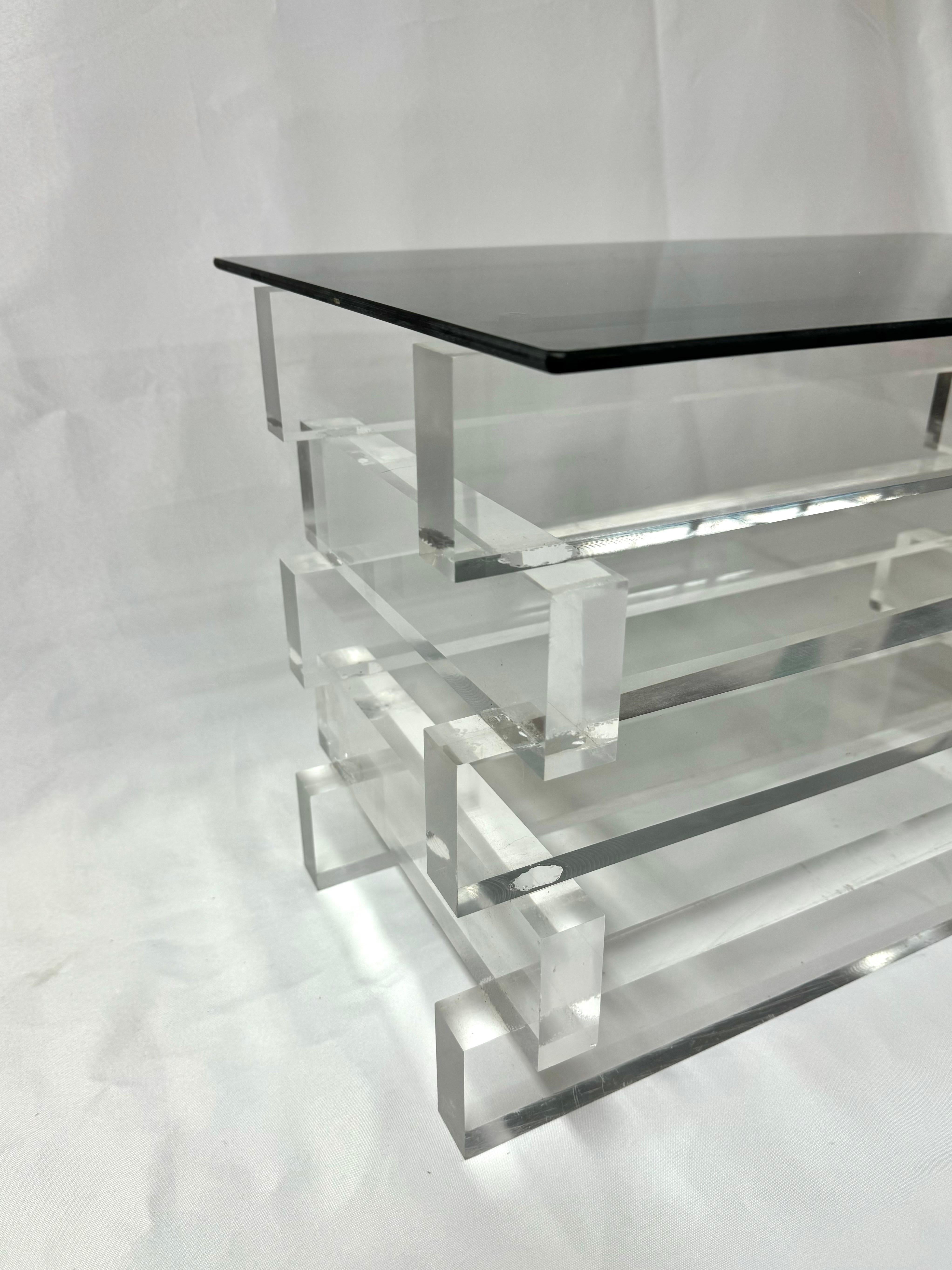 Stacked Lucite and Smoked Glass Table For Sale 2