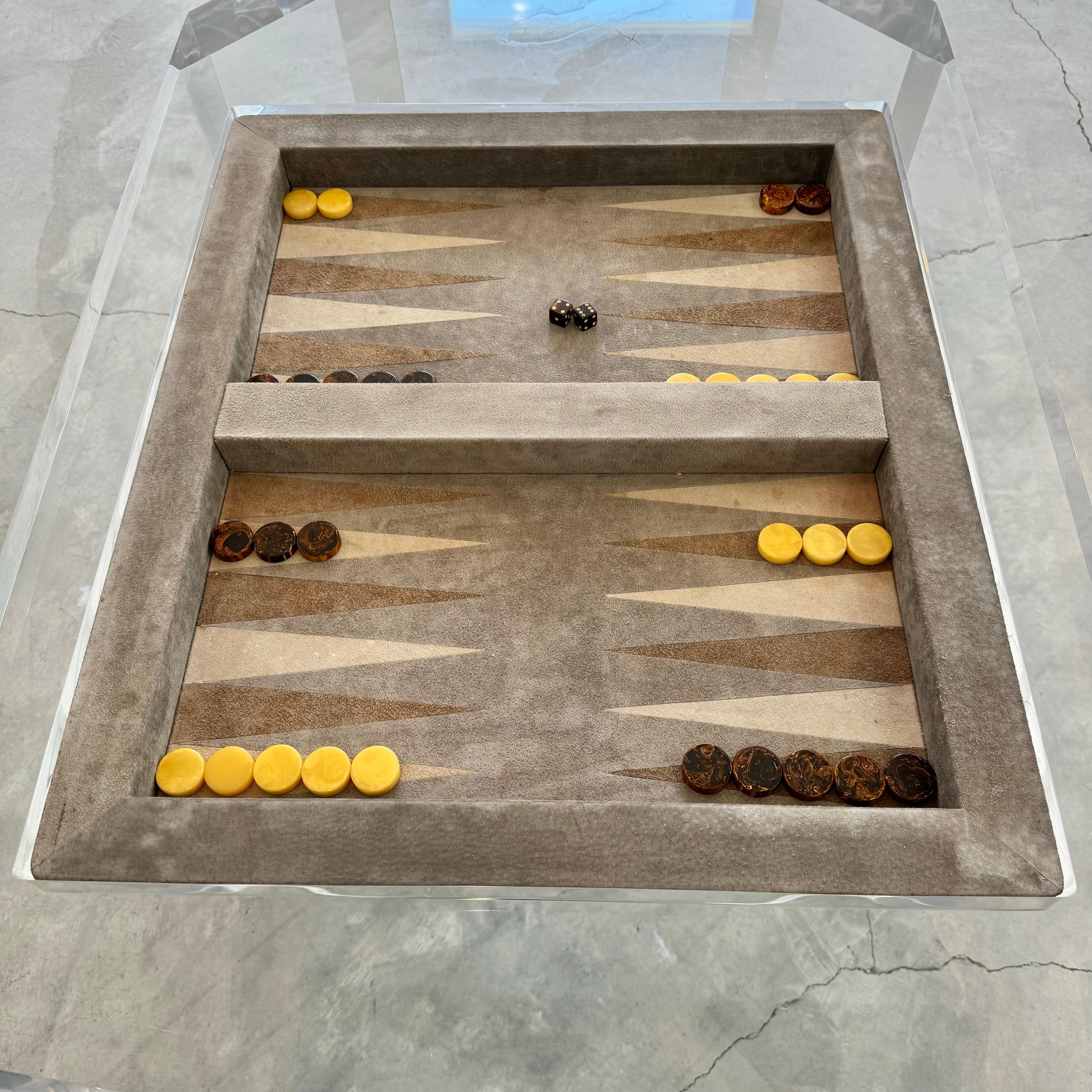 Lucite and Suede Backgammon Table, 1980s USA In Good Condition In Los Angeles, CA