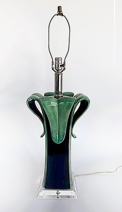 Lucite and Table Lamp with Ceramic Leaves Opening from a Black Stem