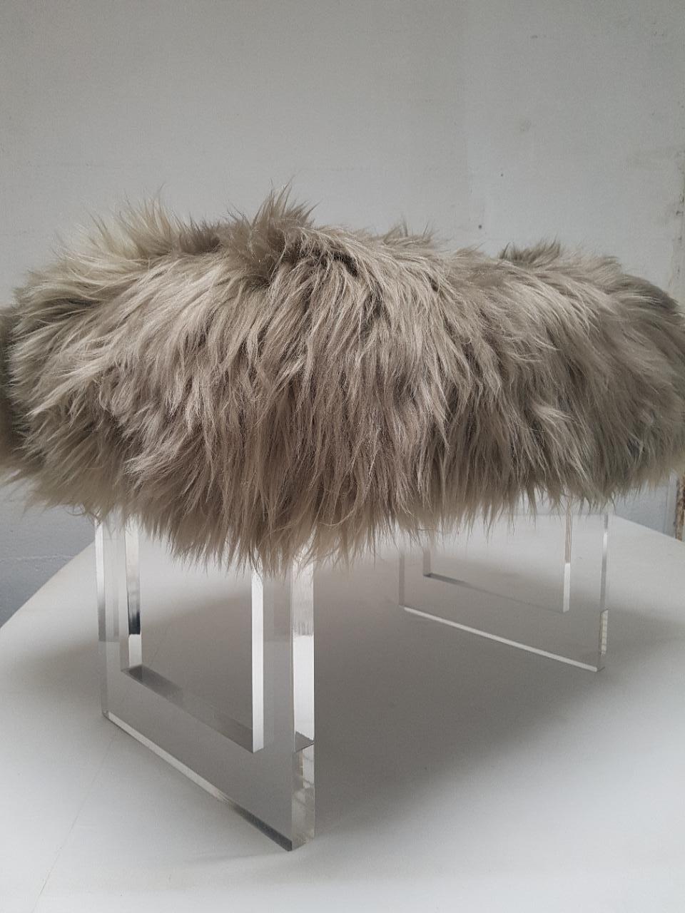 Hand-Crafted Lucite and Taupe Sheepskin Bench