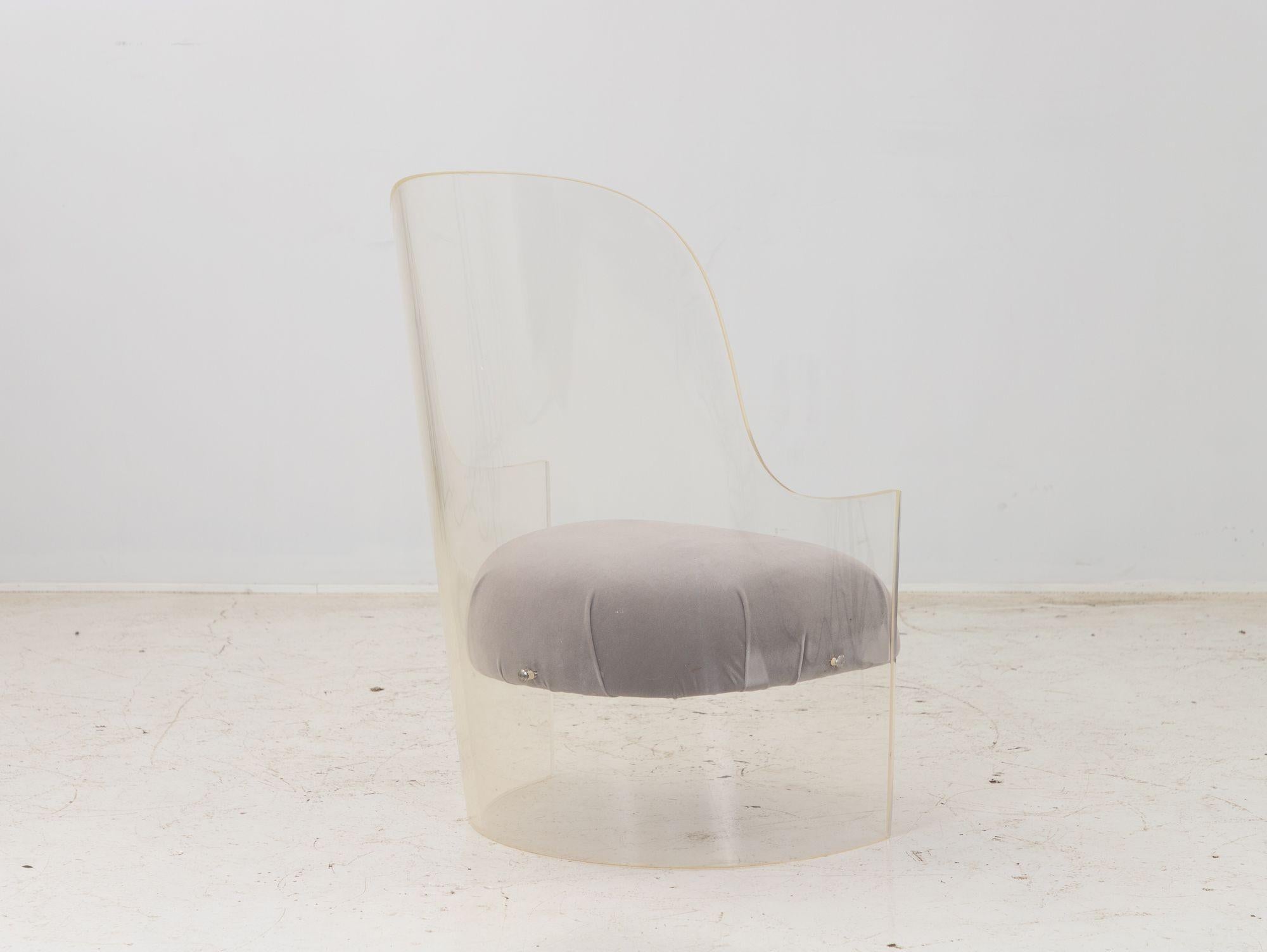 American Lucite and Velvet Barrel Back Chair For Sale