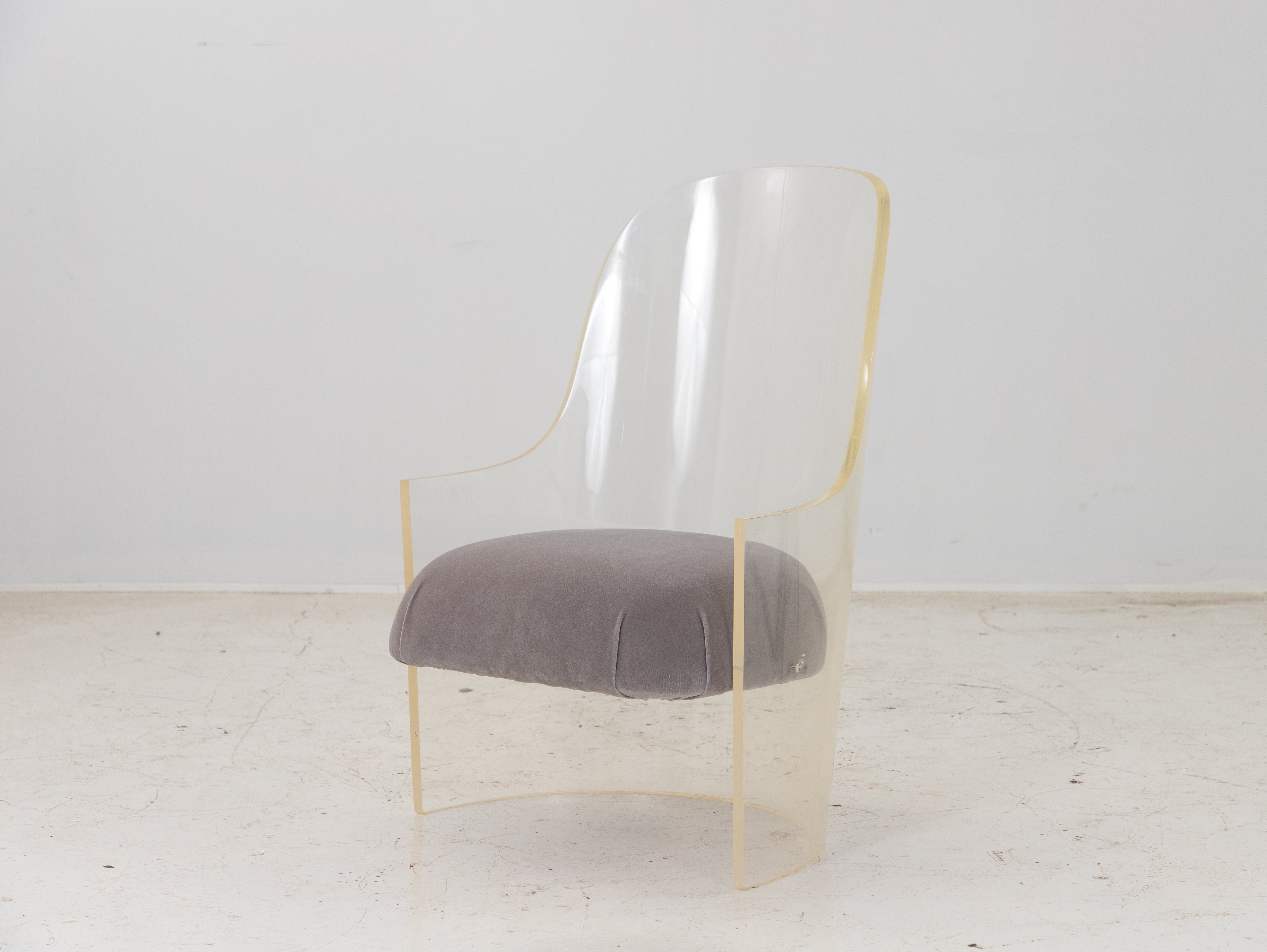 Lucite and Velvet Barrel Back Chair For Sale