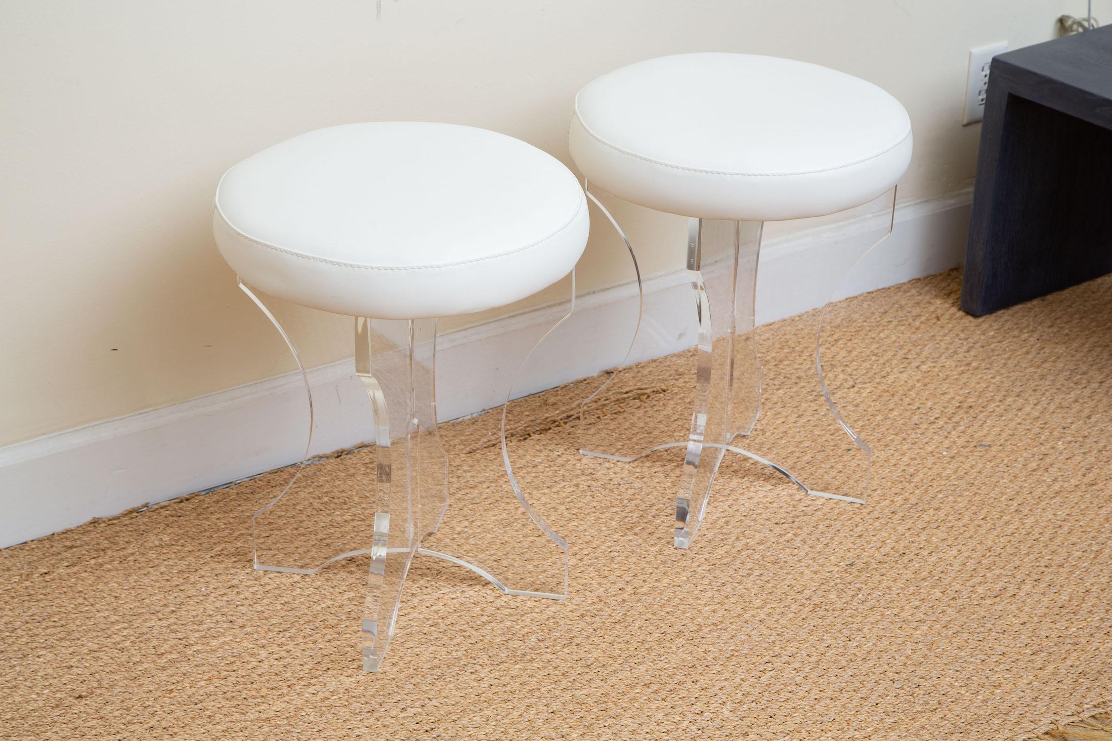 Modern Lucite and White Vinyl Upholstered Vanity Stools Pair of 80's