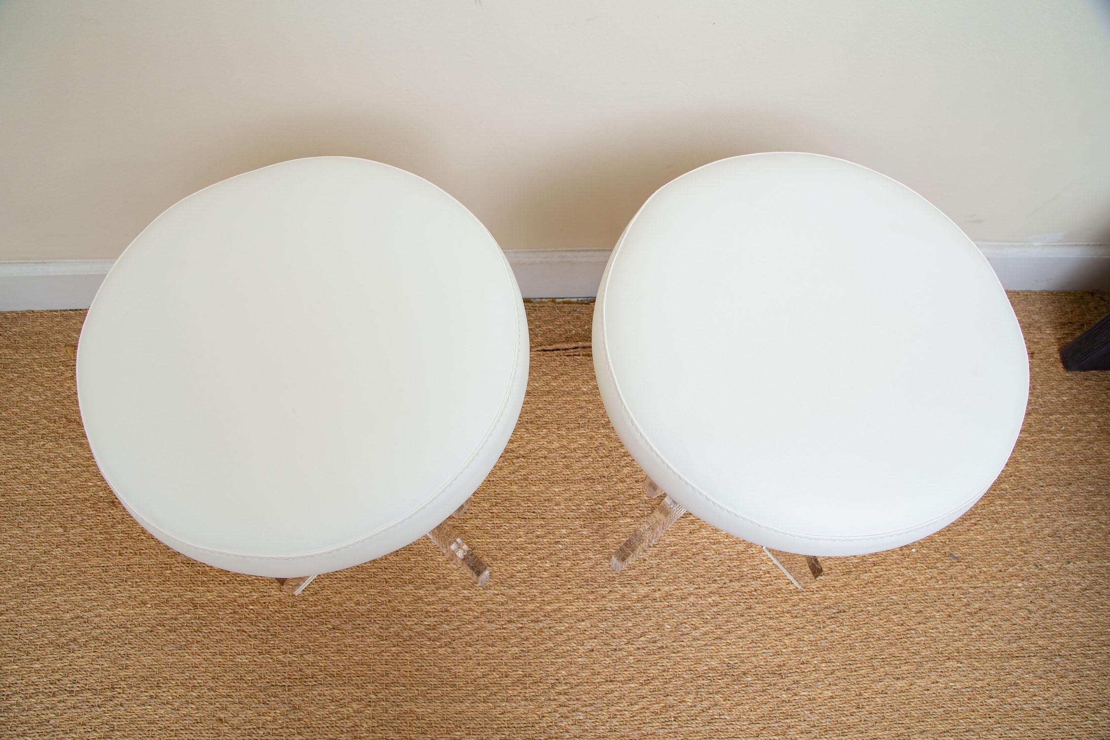 American Lucite and White Vinyl Upholstered Vanity Stools Pair of 80's