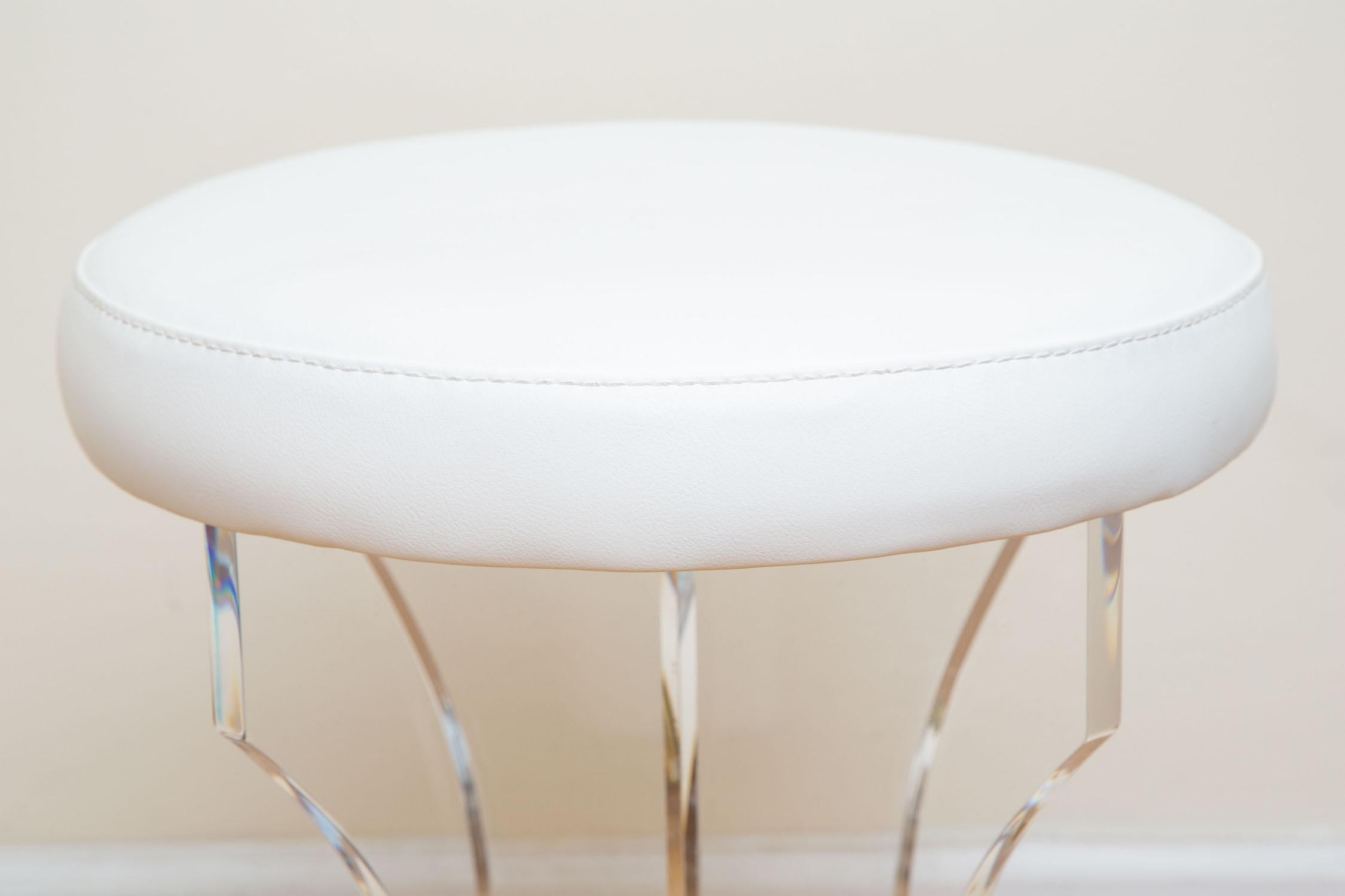 Late 20th Century Lucite and White Vinyl Upholstered Vanity Stools Pair of 80's