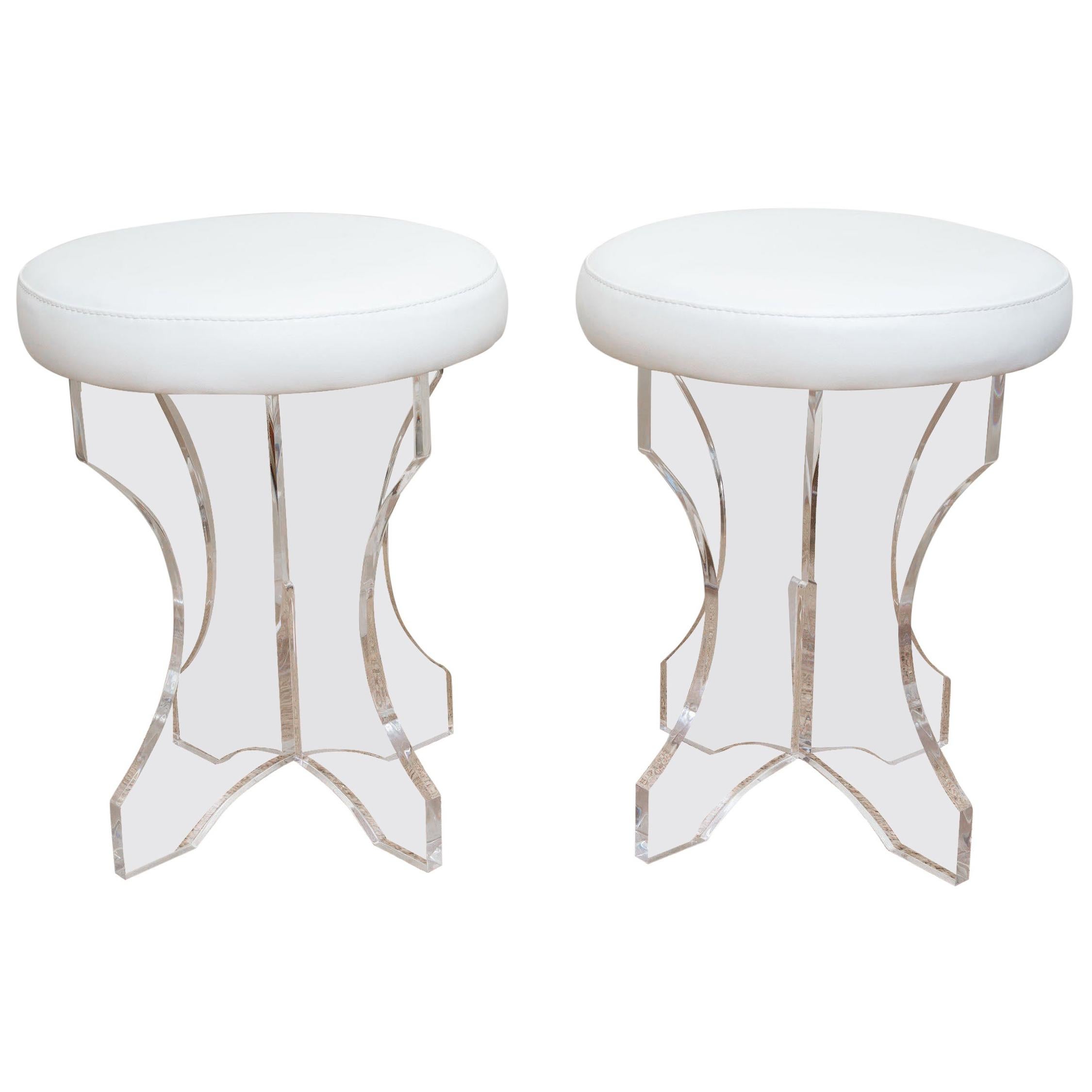 Lucite and White Vinyl Upholstered Vanity Stools Pair of 80's